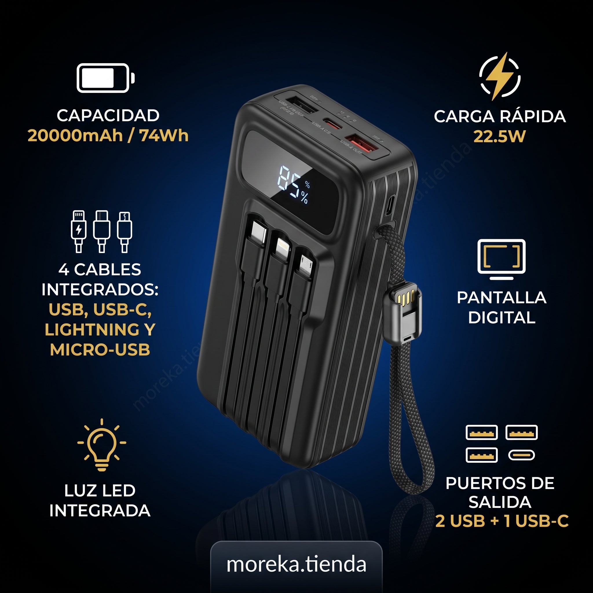 Batería Externa Moreka K114 20000mAh con 22.5W y Cuatro Cables Integrados - Imagen 2