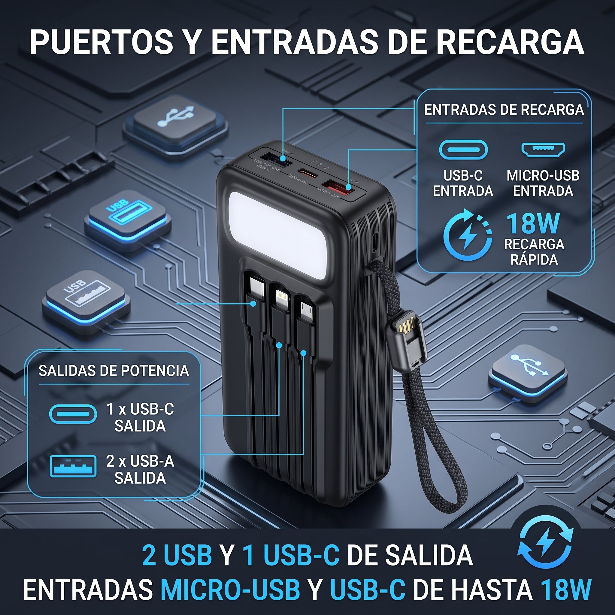 Batería Externa Moreka K114 20000mAh con 22.5W y Cuatro Cables Integrados - Imagen 4