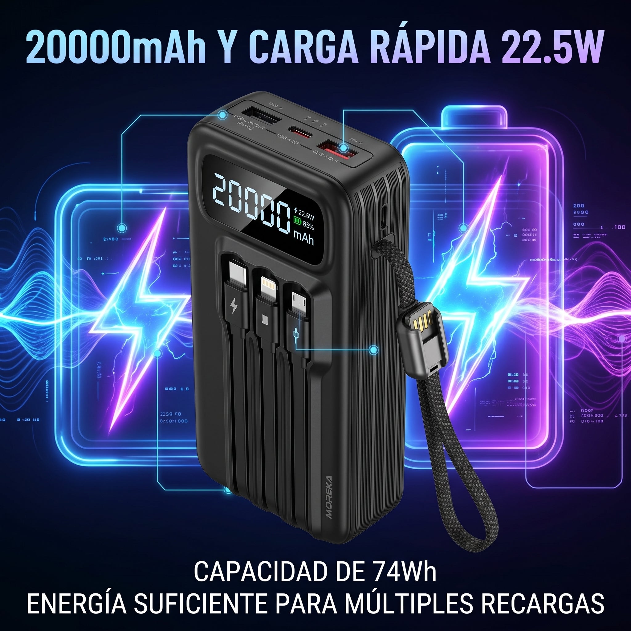 Batería Externa Moreka K114 20000mAh con 22.5W y Cuatro Cables Integrados - Imagen 5