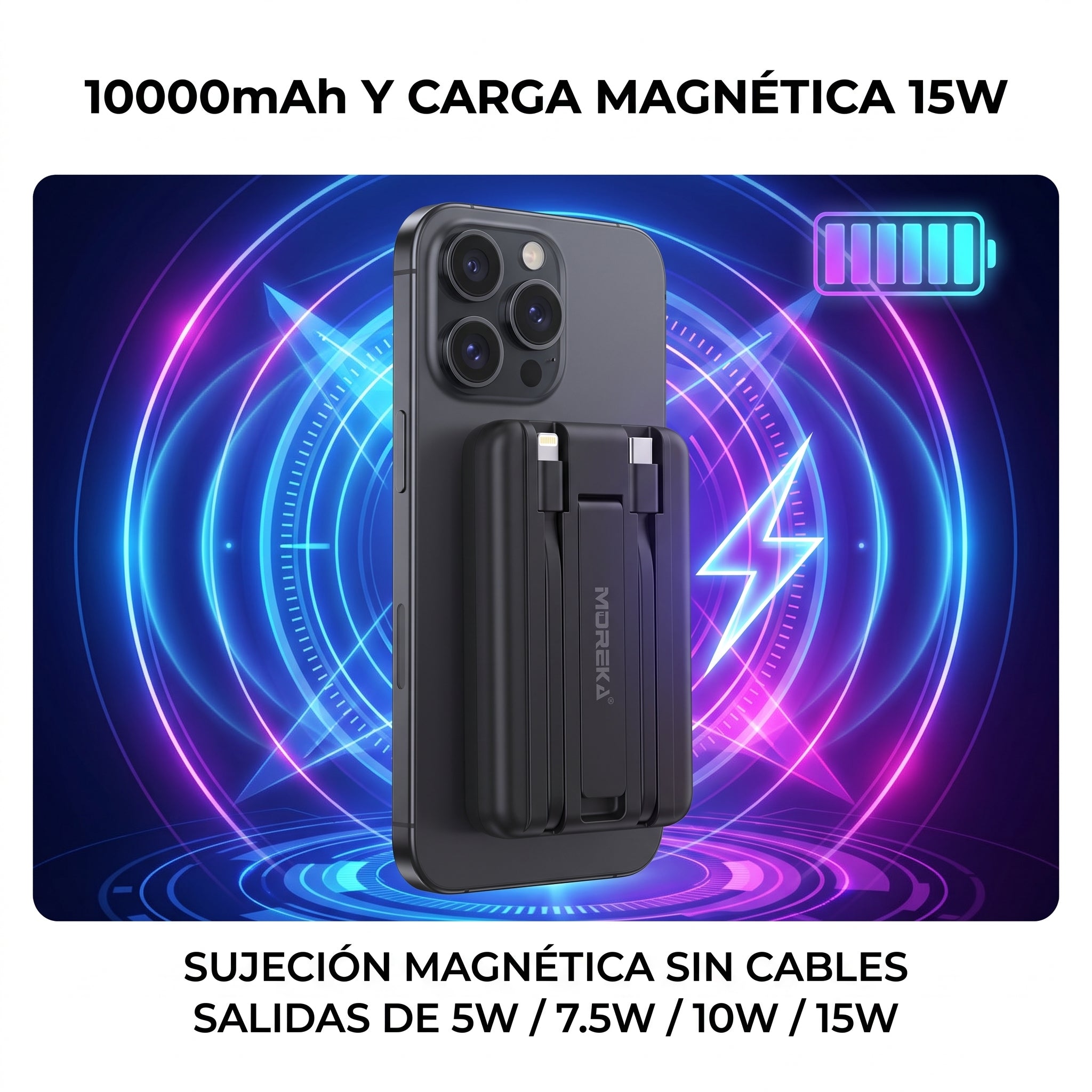 Batería Portátil Moreka K112B 10000mAh Carga Magnética Inalámbrica 15W PD 22.5W - Imagen 3