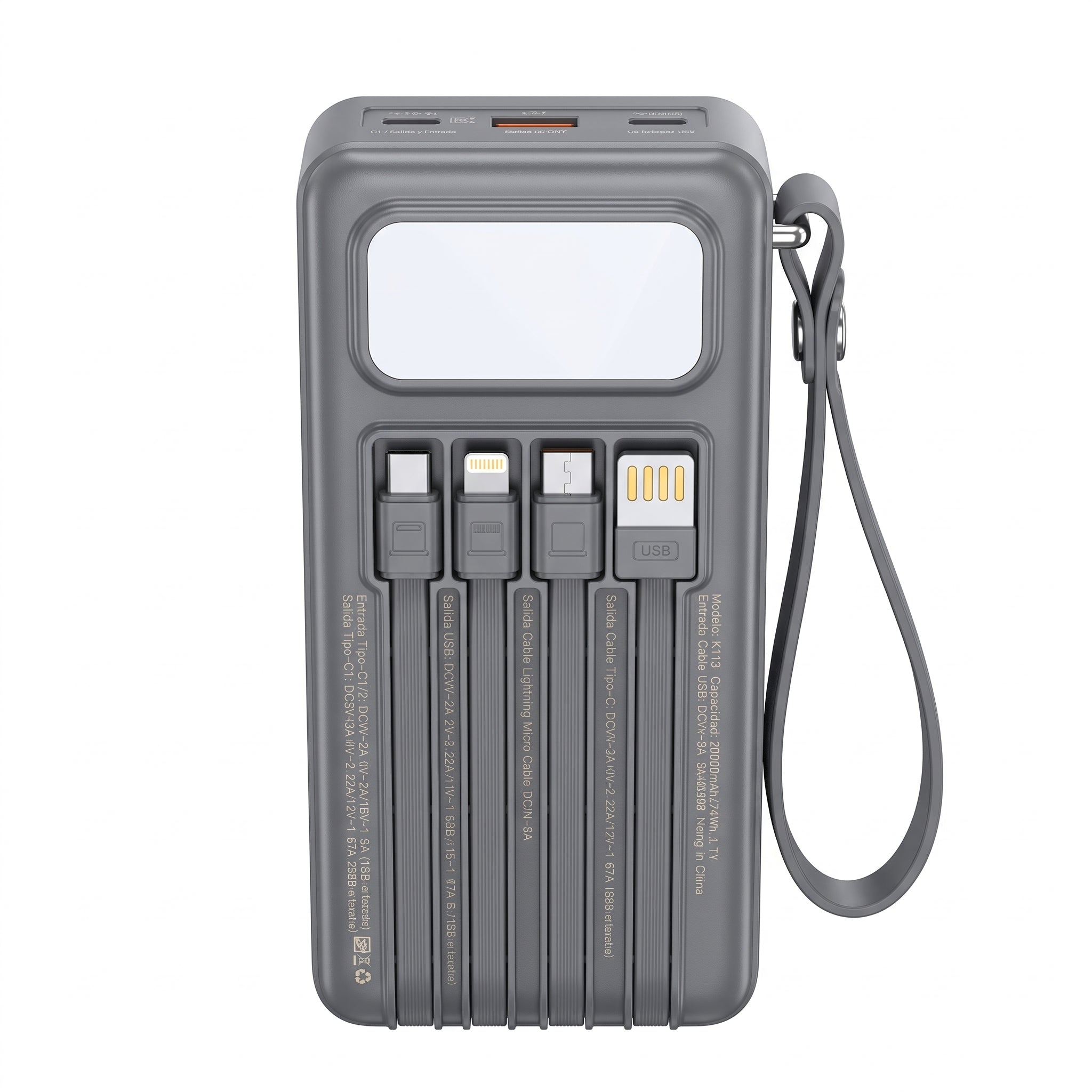 Batería Externa Moreka K115 20000mAh con 22.5W, Cuatro Cables Integrados y Correa Portátil