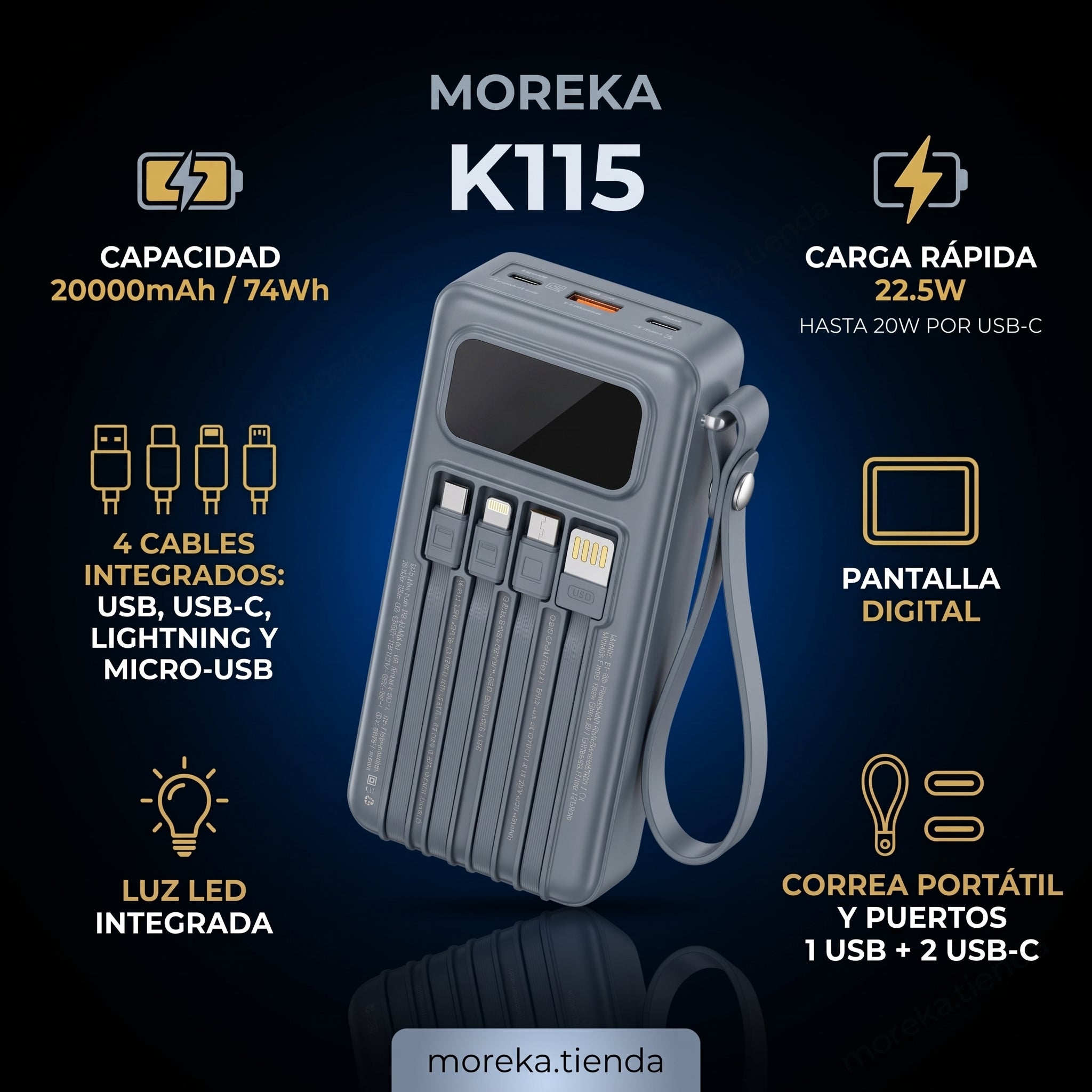 Batería Externa Moreka K115 20000mAh con 22.5W, Cuatro Cables Integrados y Correa Portátil - Imagen 2