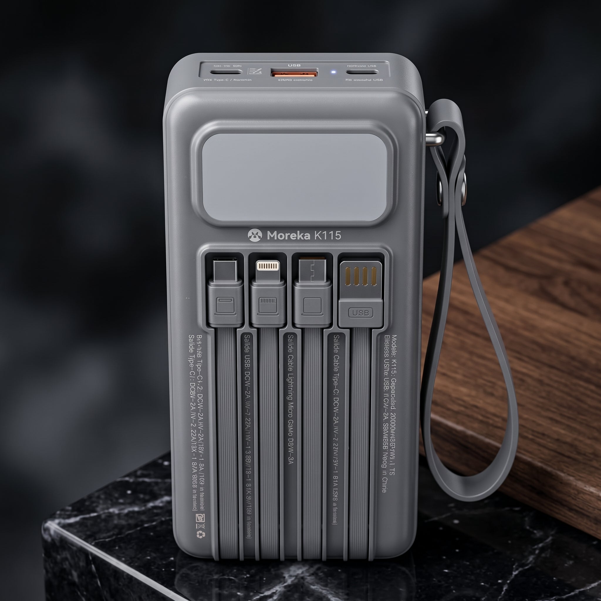 Batería Externa Moreka K115 20000mAh con 22.5W, Cuatro Cables Integrados y Correa Portátil - Imagen 3