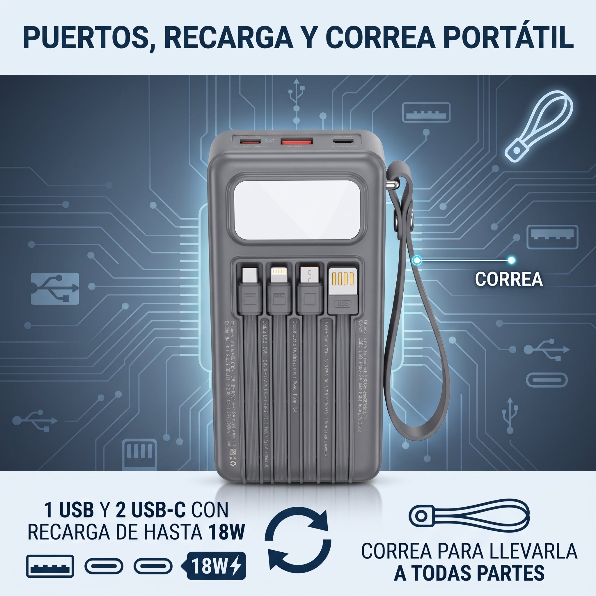 Batería Externa Moreka K115 20000mAh con 22.5W, Cuatro Cables Integrados y Correa Portátil - Imagen 6