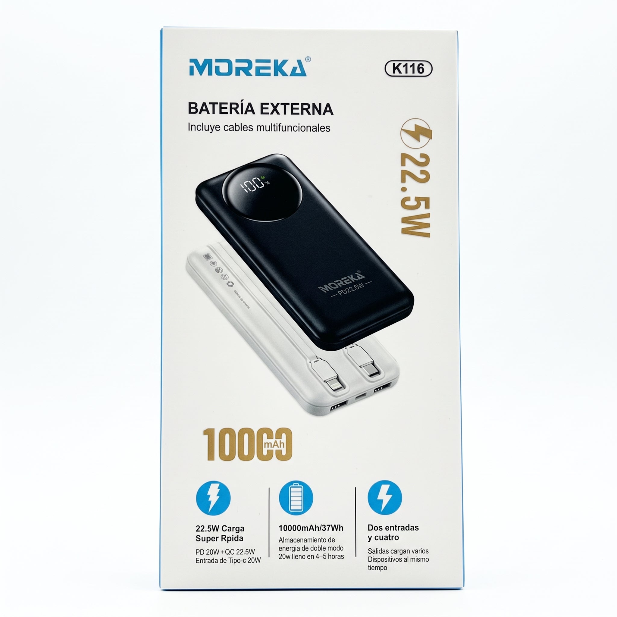 Batería Externa Moreka K116 10000mAh con 22.5W, Cables Integrados y Pantalla Digital - Imagen 11