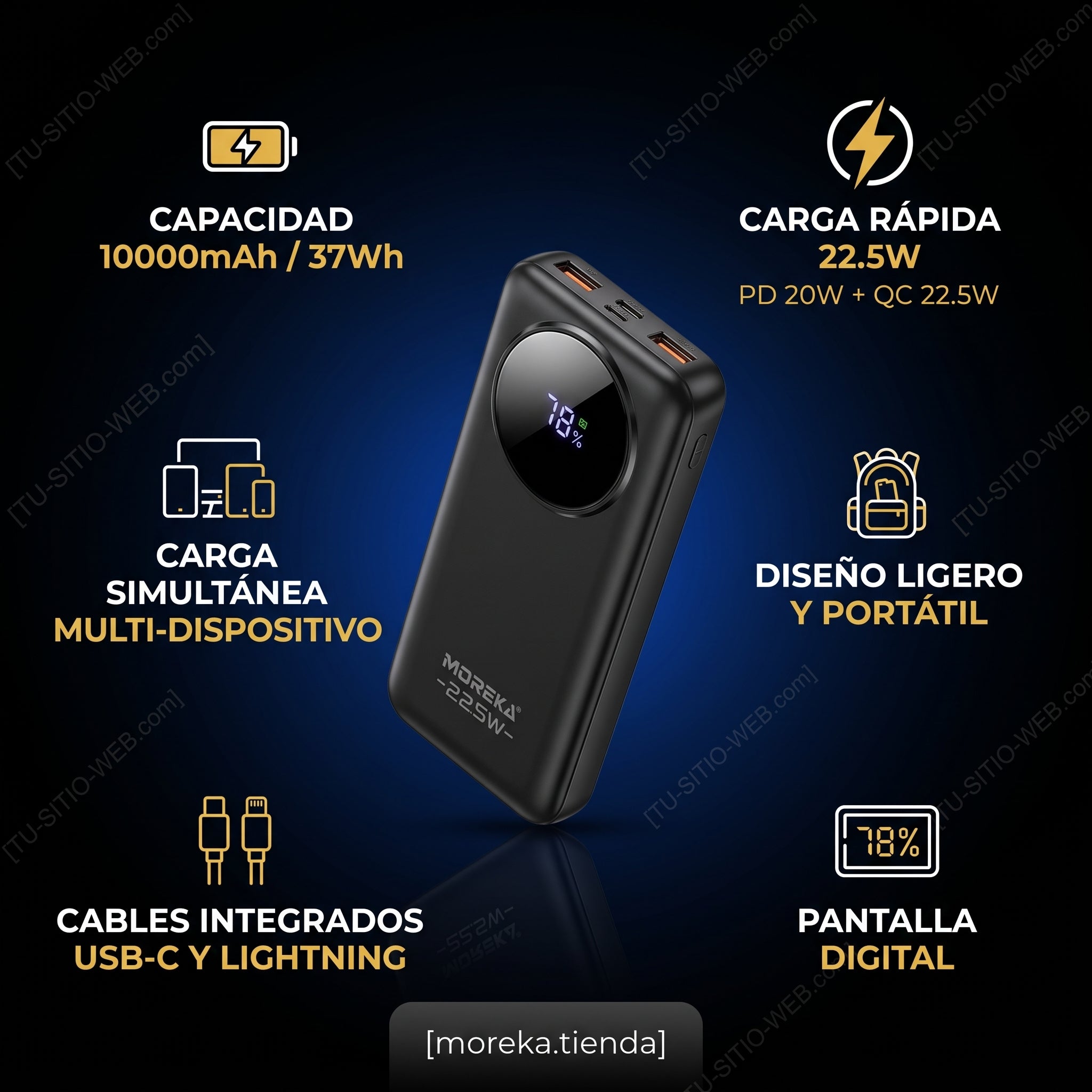 Batería Externa Moreka K116 10000mAh con 22.5W, Cables Integrados y Pantalla Digital - Imagen 3