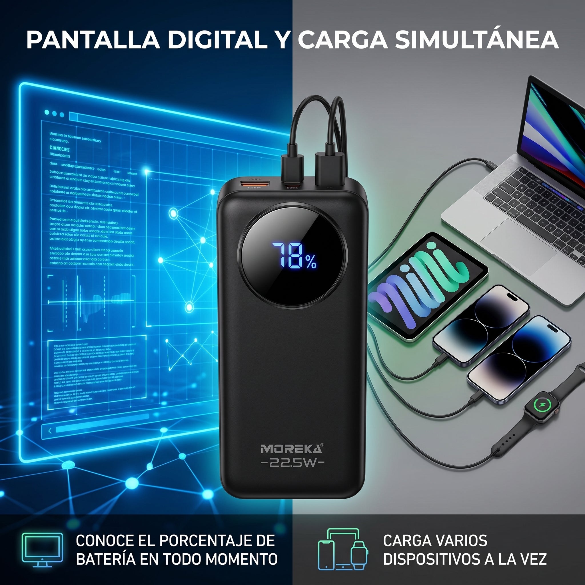 Batería Externa Moreka K116 10000mAh con 22.5W, Cables Integrados y Pantalla Digital - Imagen 7