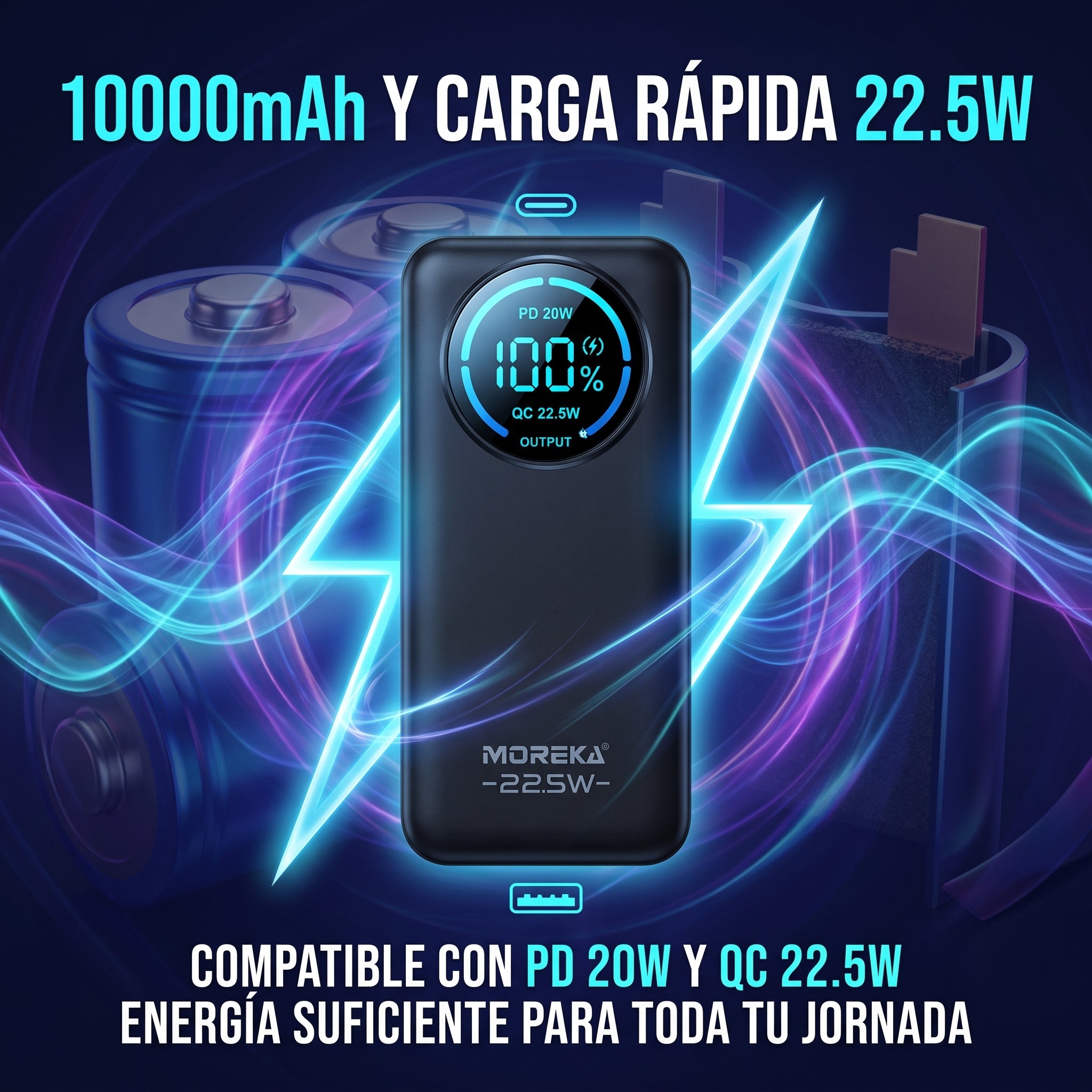 Batería Externa Moreka K116 10000mAh con 22.5W, Cables Integrados y Pantalla Digital - Imagen 9