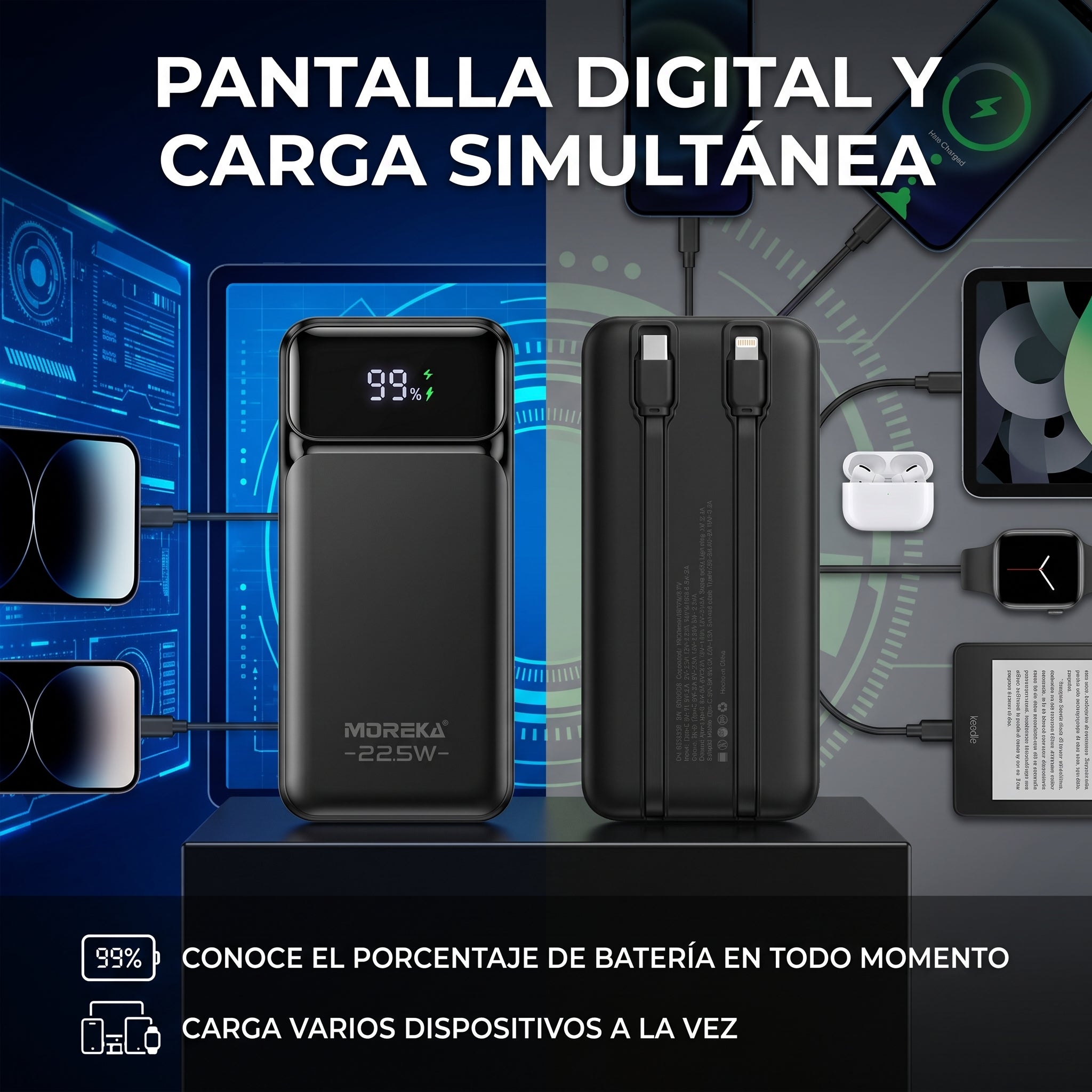 Batería Externa Moreka K117 10000mAh con 22.5W, Cables Integrados y Pantalla Digital - Imagen 6