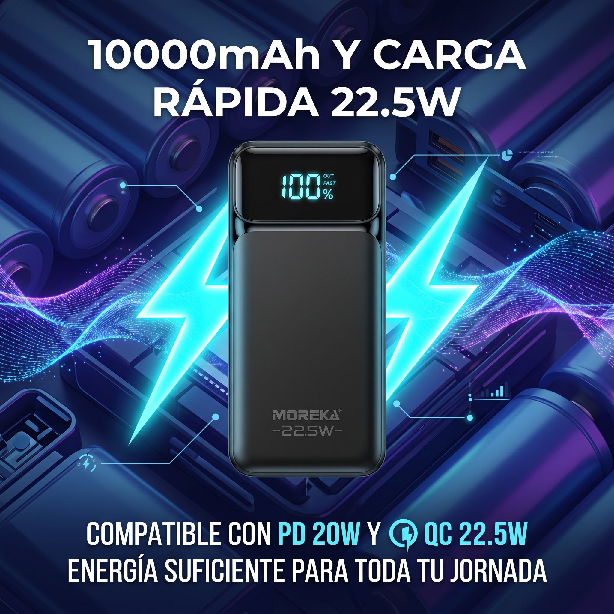 Batería Externa Moreka K117 10000mAh con 22.5W, Cables Integrados y Pantalla Digital - Imagen 7