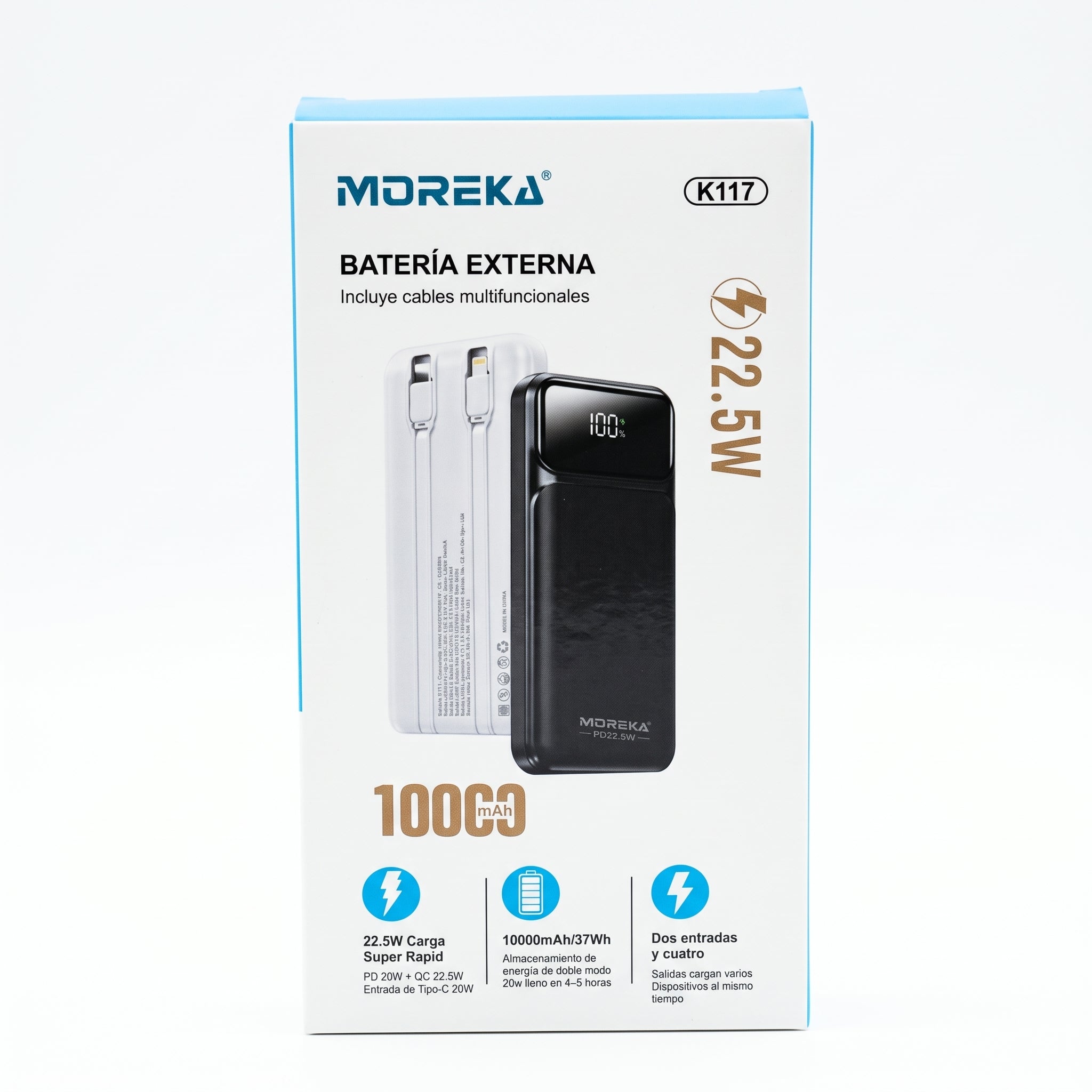 Batería Externa Moreka K117 10000mAh con 22.5W, Cables Integrados y Pantalla Digital - Imagen 10
