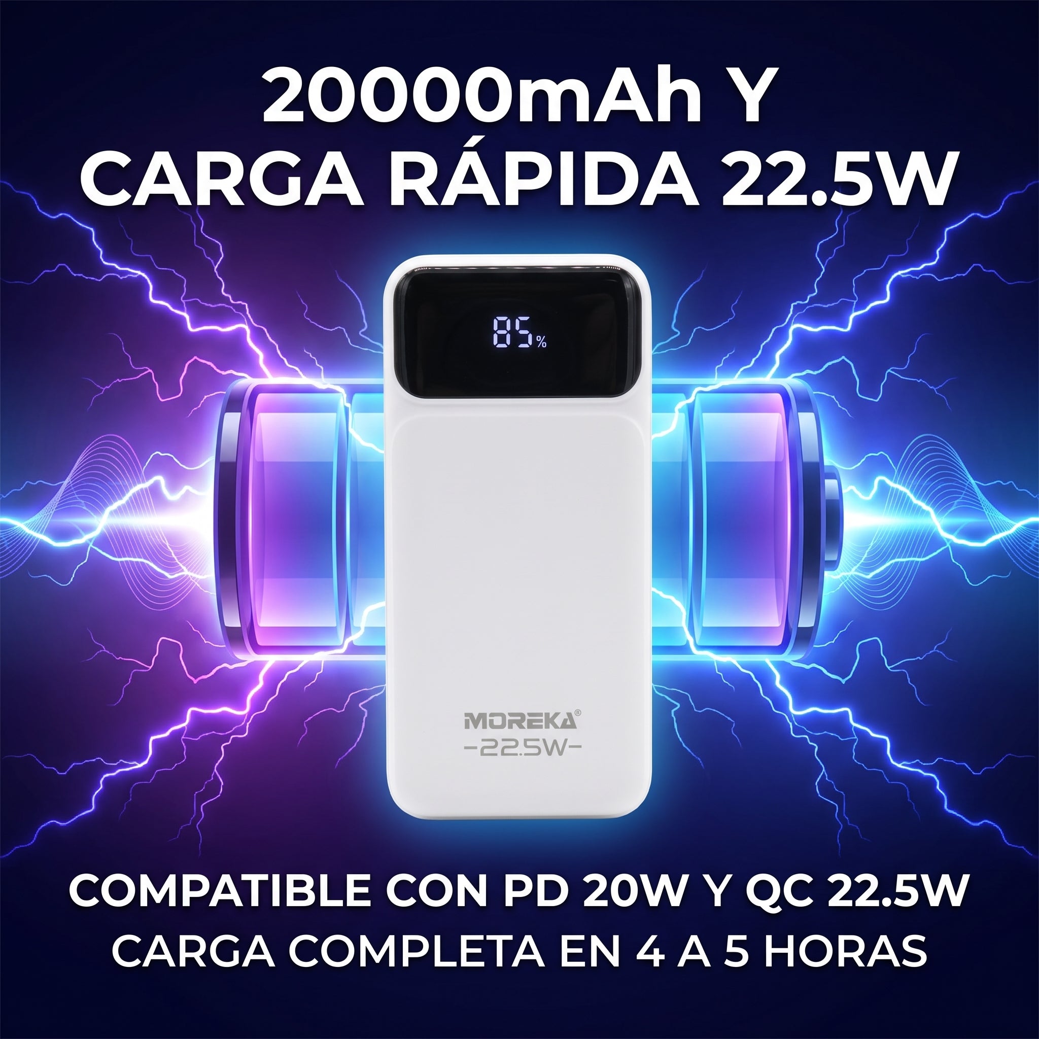 Batería Externa Moreka K118 20000mAh con 22.5W, Cables Integrados Tipo-C y Lightning y Pantalla Digital - Imagen 2
