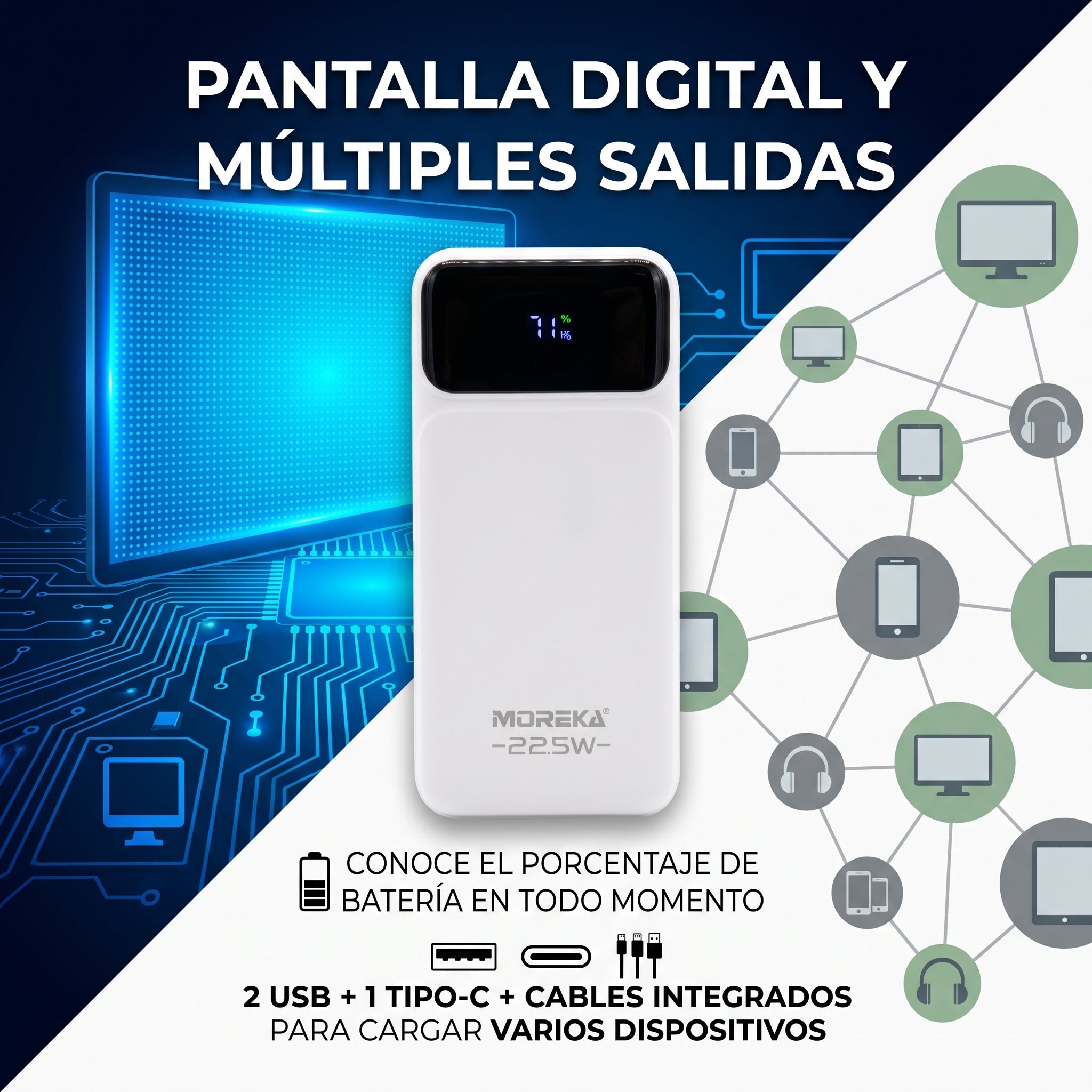 Batería Externa Moreka K118 20000mAh con 22.5W, Cables Integrados Tipo-C y Lightning y Pantalla Digital - Imagen 4