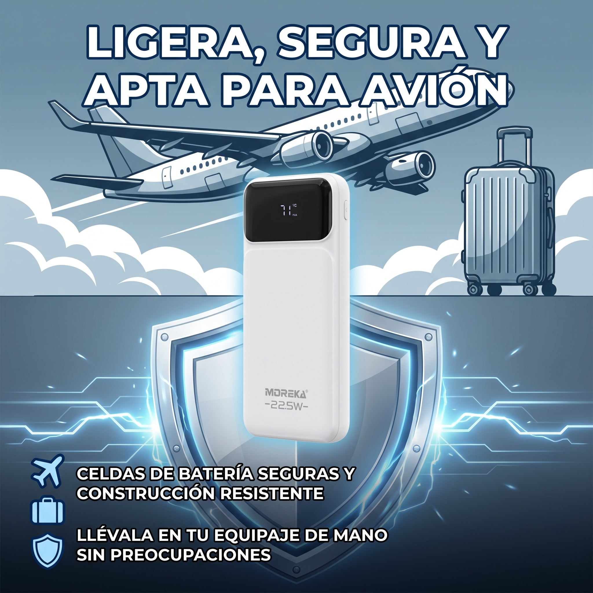 Batería Externa Moreka K118 20000mAh con 22.5W, Cables Integrados Tipo-C y Lightning y Pantalla Digital - Imagen 5
