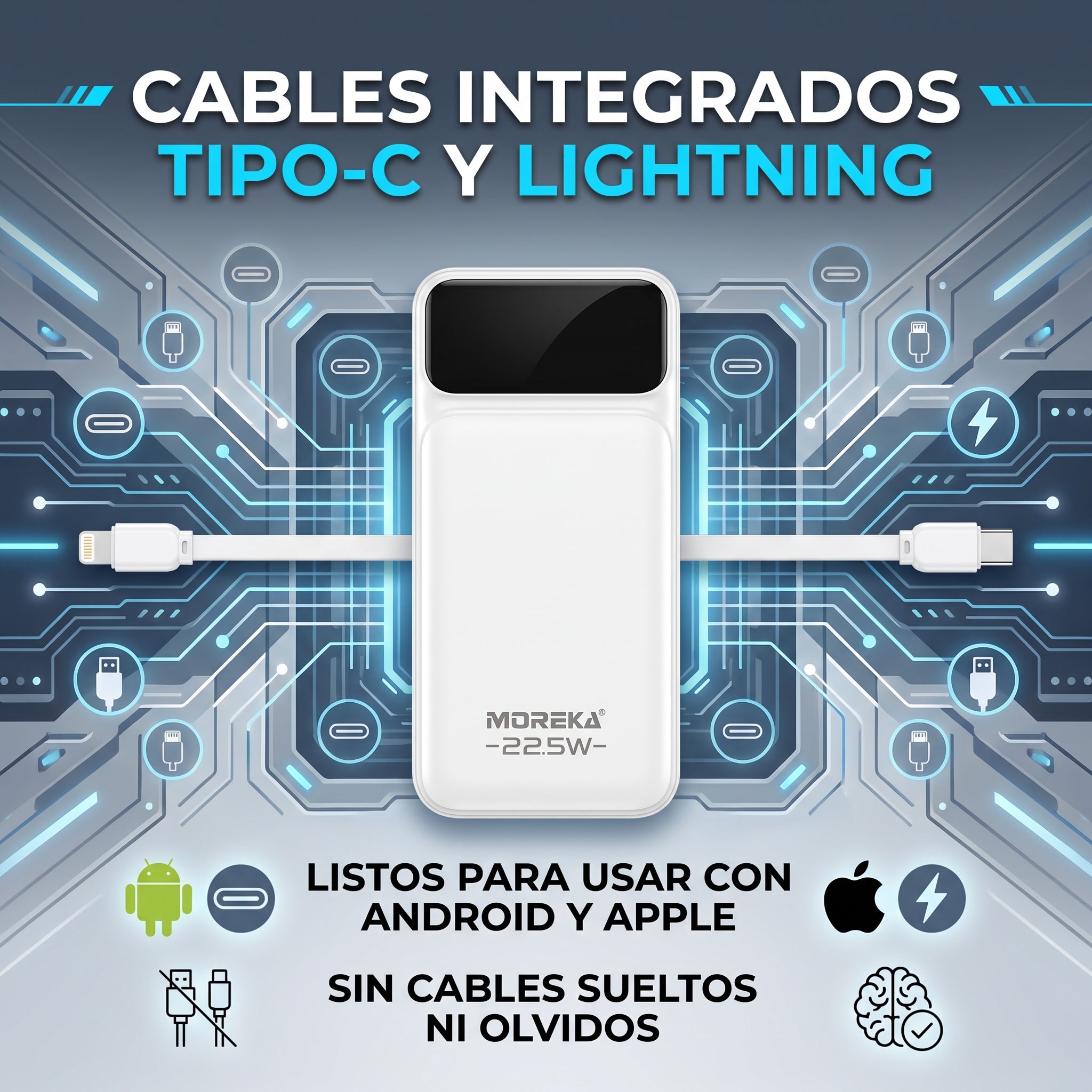 Batería Externa Moreka K118 20000mAh con 22.5W, Cables Integrados Tipo-C y Lightning y Pantalla Digital - Imagen 6