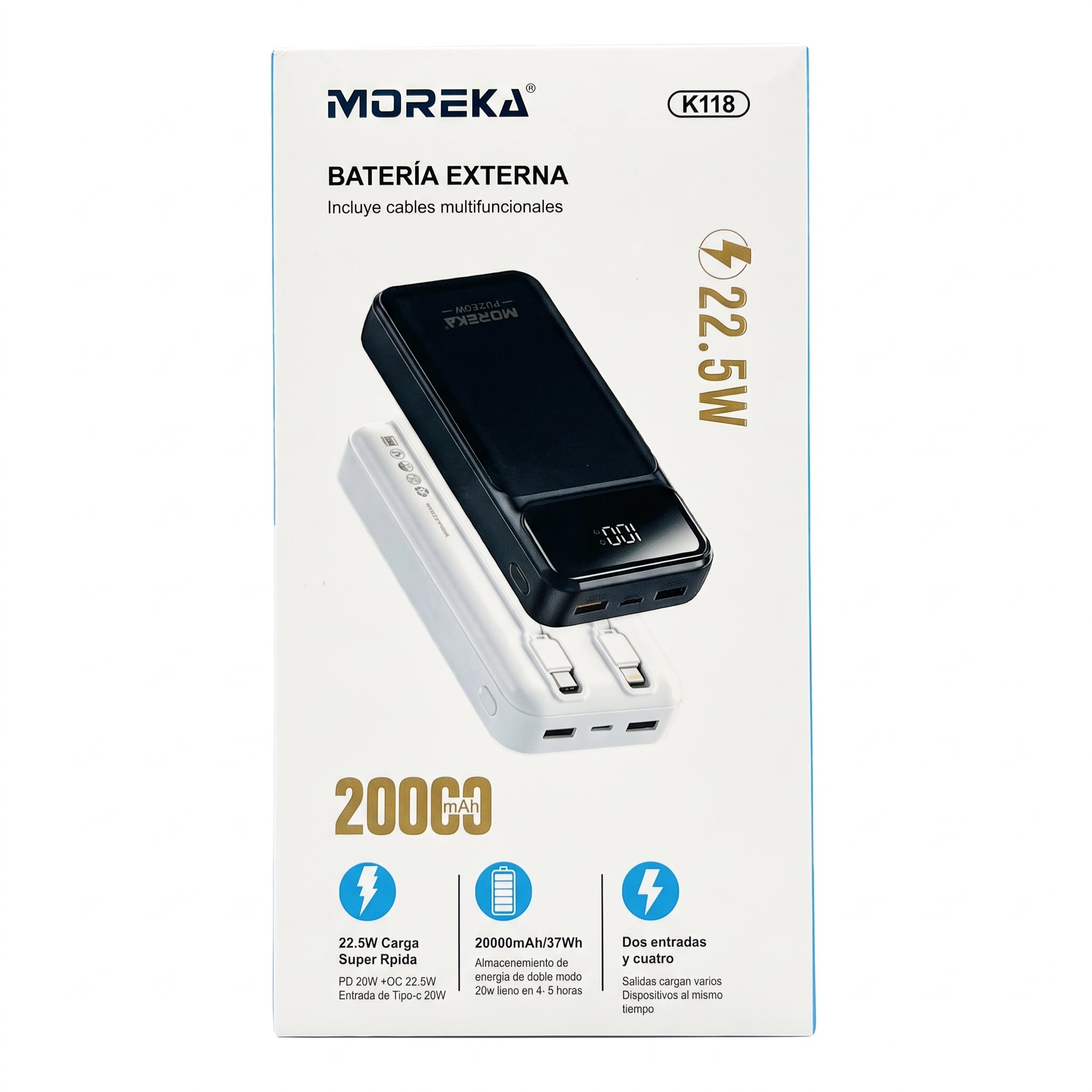 Batería Externa Moreka K118 20000mAh con 22.5W, Cables Integrados Tipo-C y Lightning y Pantalla Digital - Imagen 9