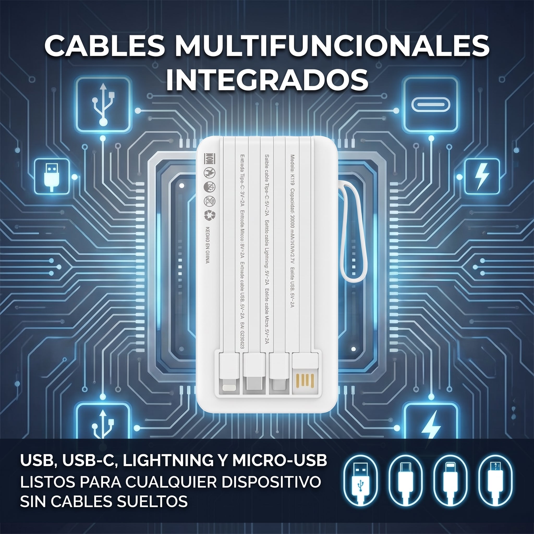 Batería Externa Moreka K119 20000mAh con Cables Integrados y Carga Inteligente - Imagen 3