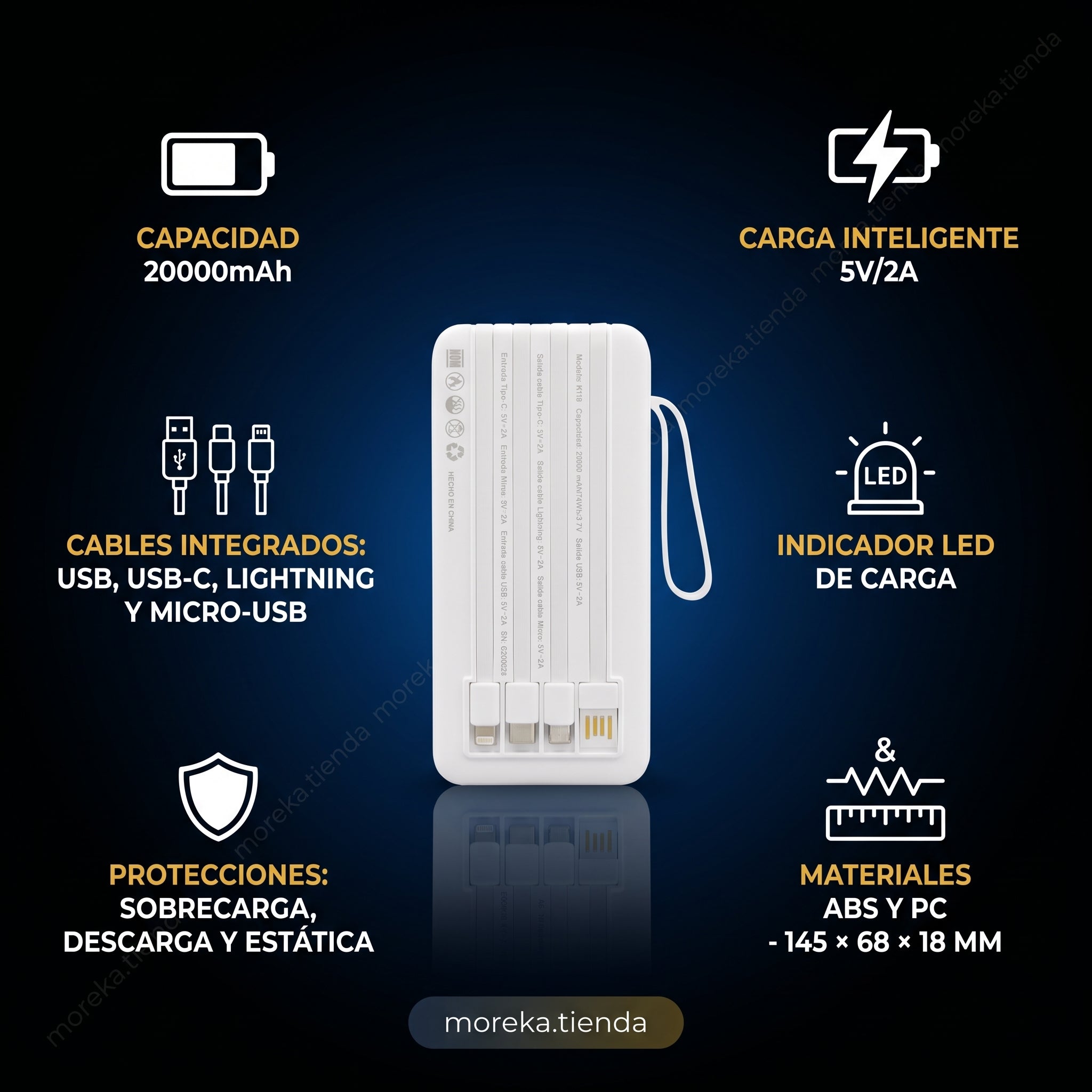 Batería Externa Moreka K119 20000mAh con Cables Integrados y Carga Inteligente - Imagen 6