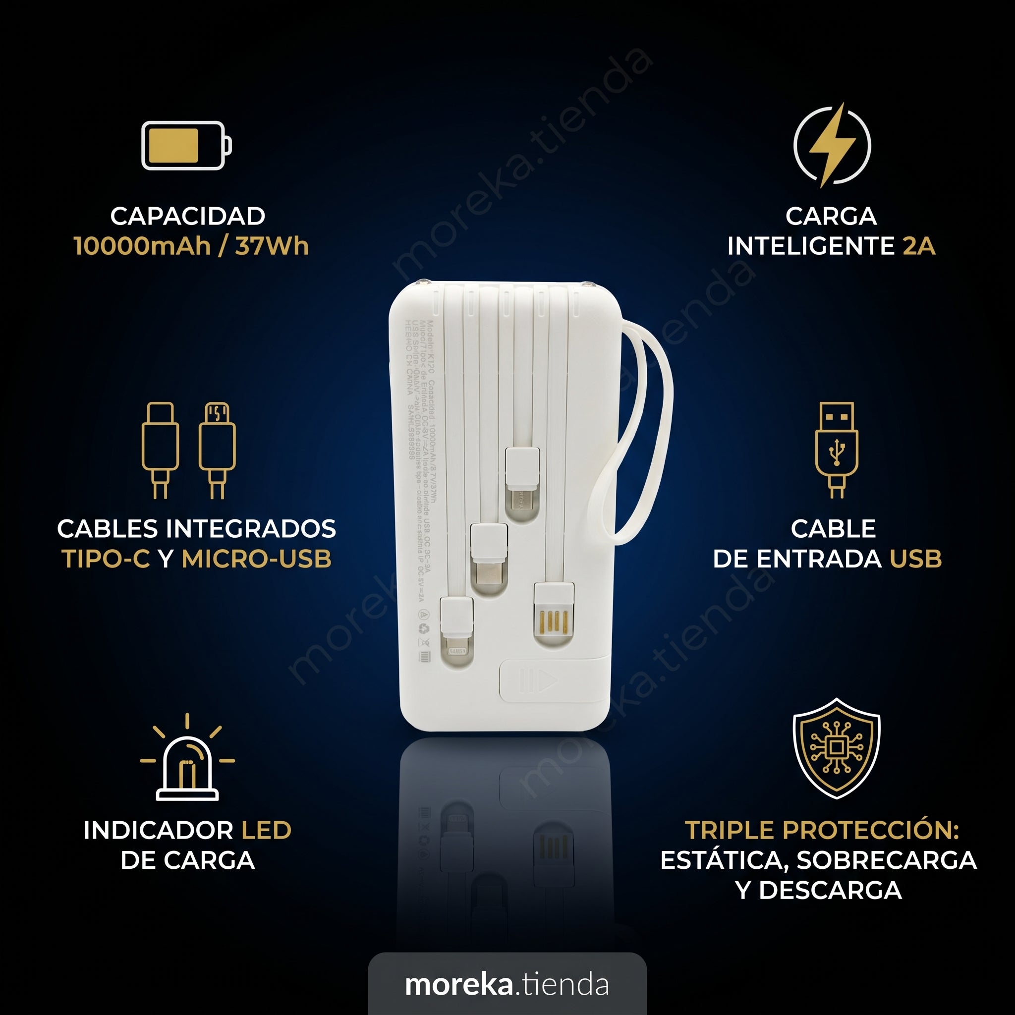 Batería Externa Moreka K120 10000mAh con Cables Integrados y Carga Inteligente 2A - Imagen 3