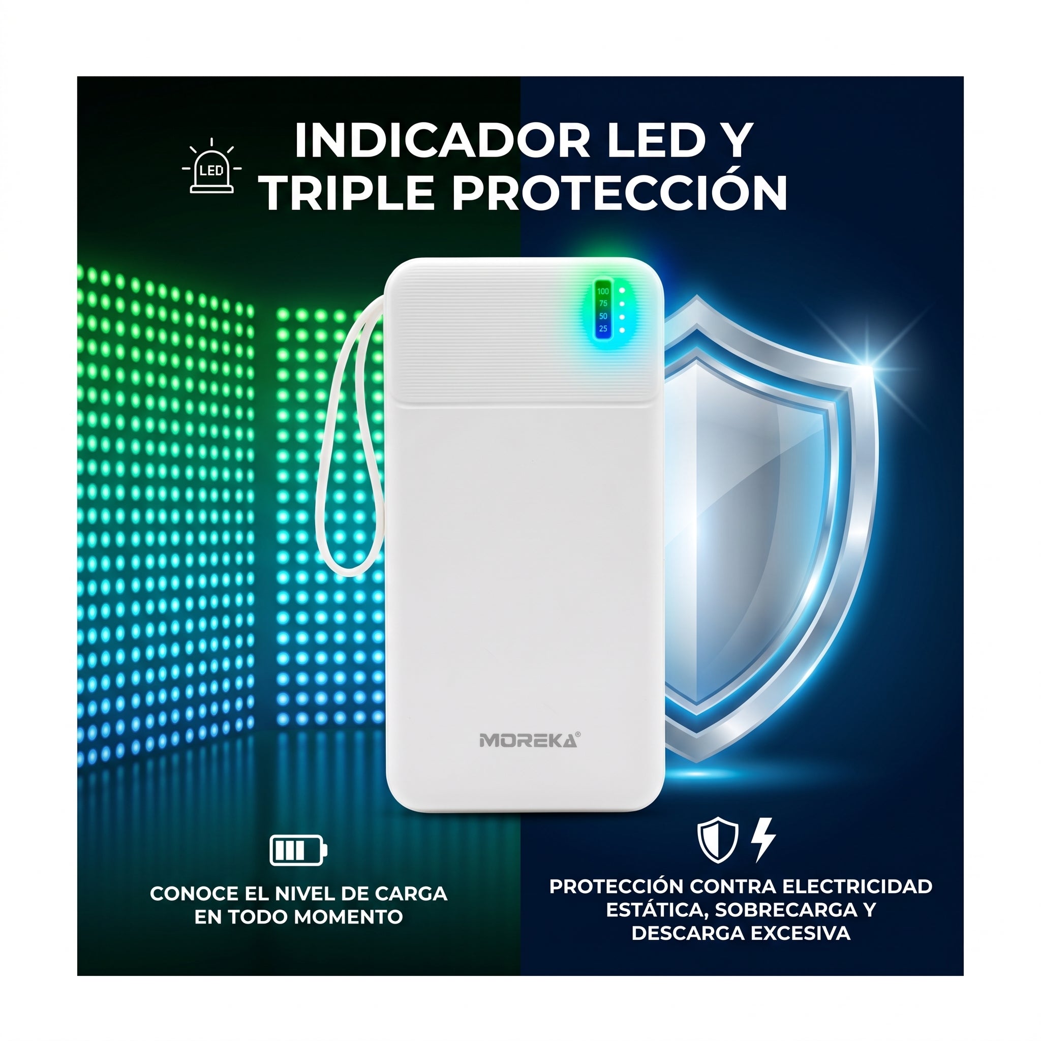 Batería Externa Moreka K120 10000mAh con Cables Integrados y Carga Inteligente 2A - Imagen 5