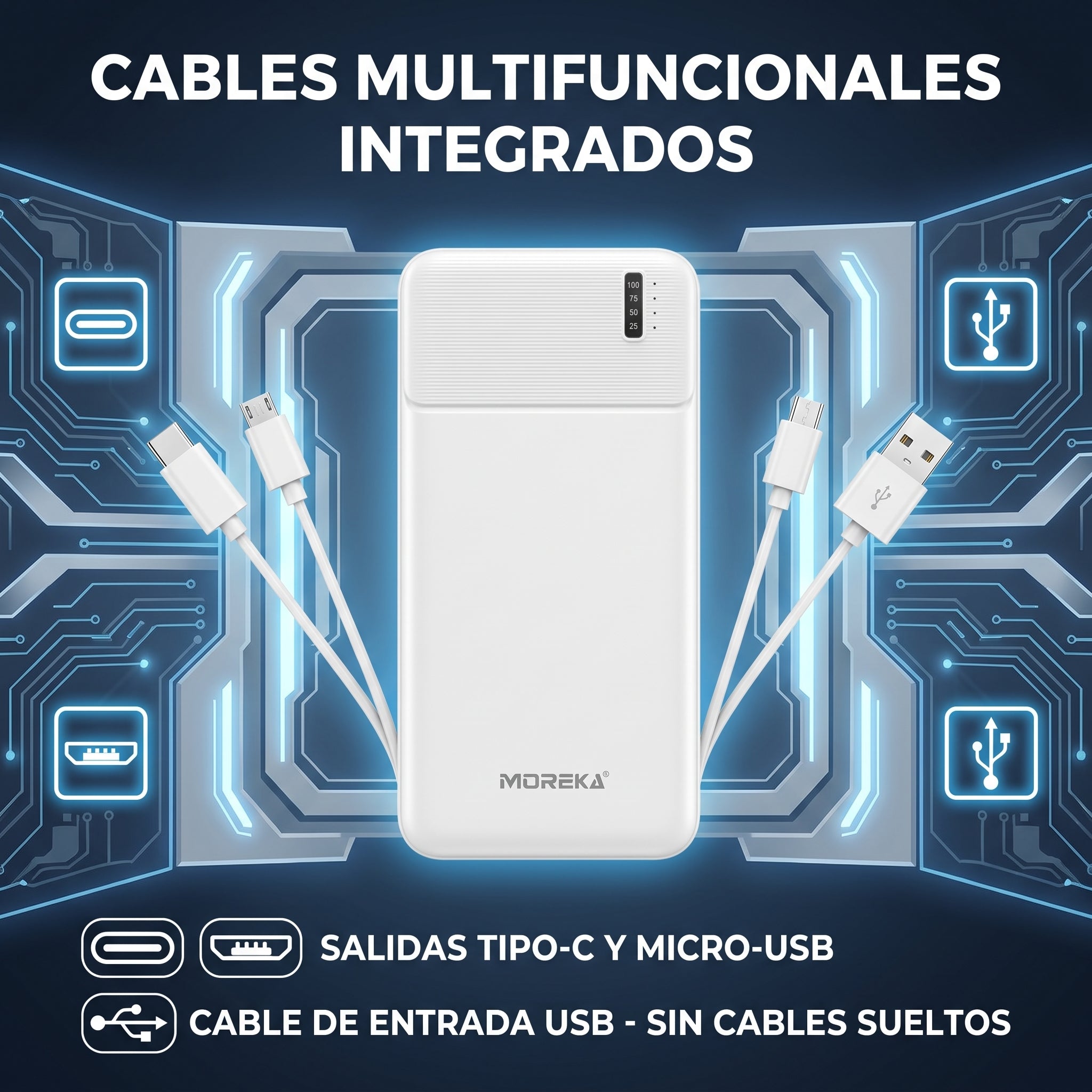 Batería Externa Moreka K120 10000mAh con Cables Integrados y Carga Inteligente 2A - Imagen 6