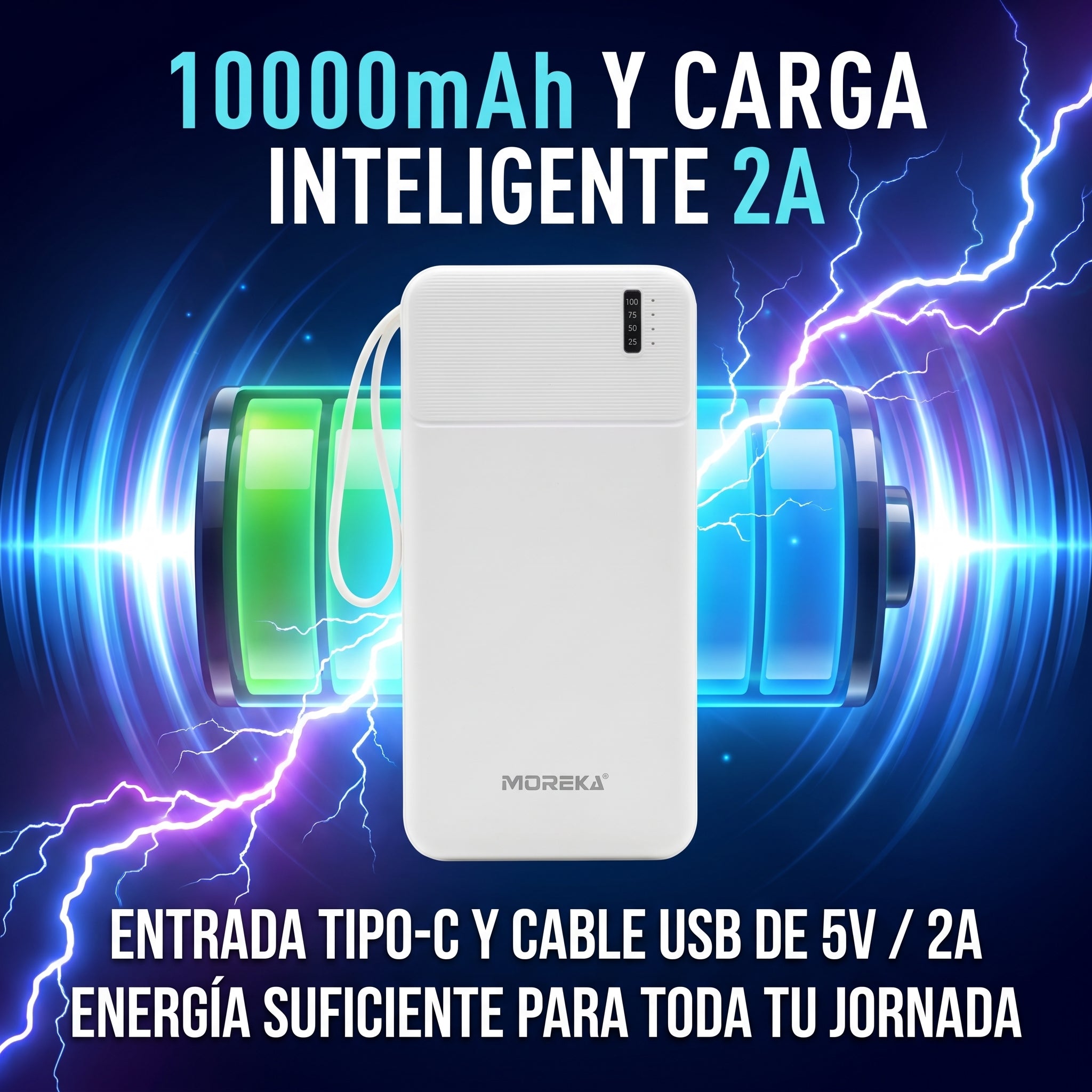 Batería Externa Moreka K120 10000mAh con Cables Integrados y Carga Inteligente 2A - Imagen 7