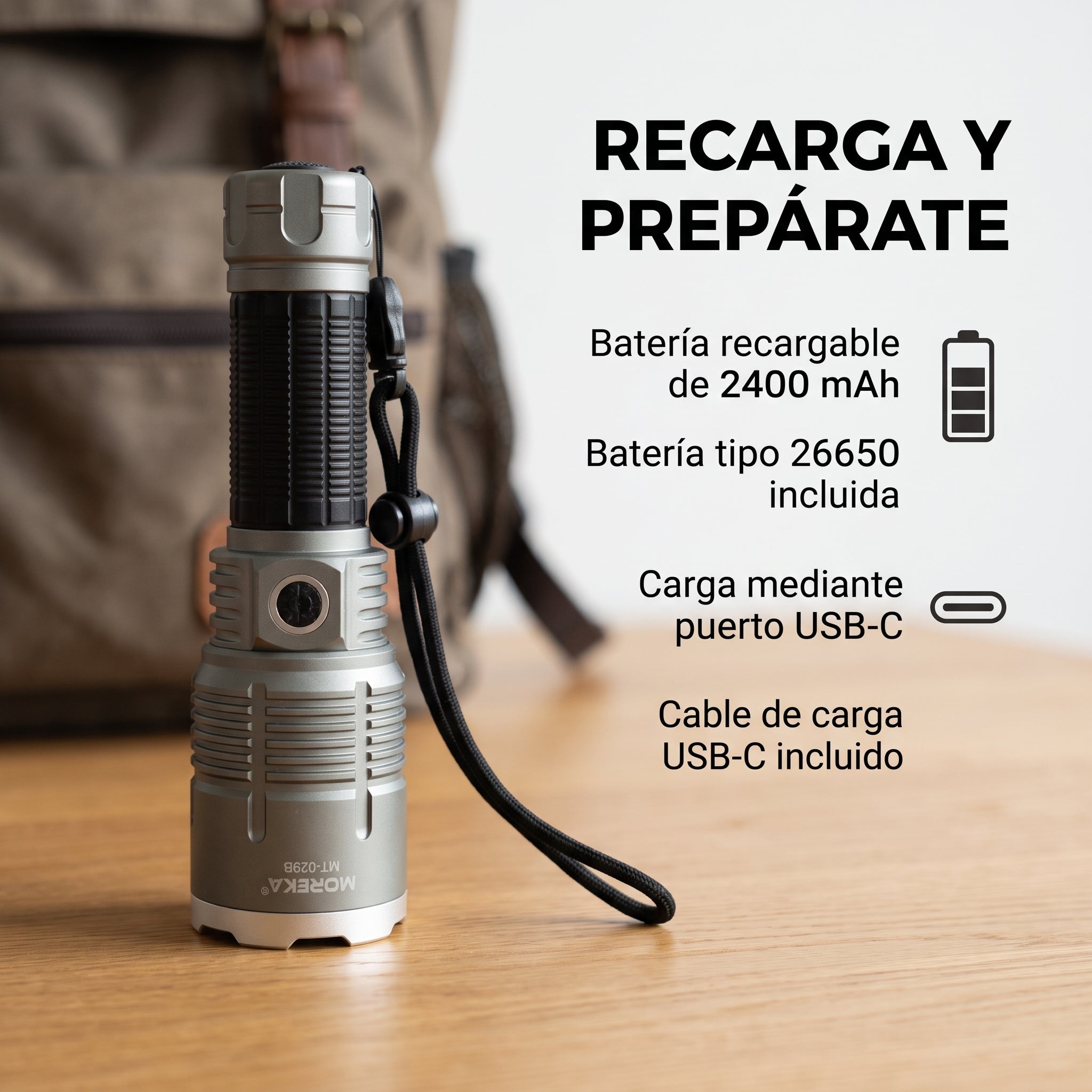 Linterna Recargable Moreka MT-029B 20W con Alcance de 2000 Metros y Zoom Telescópico - Imagen 4