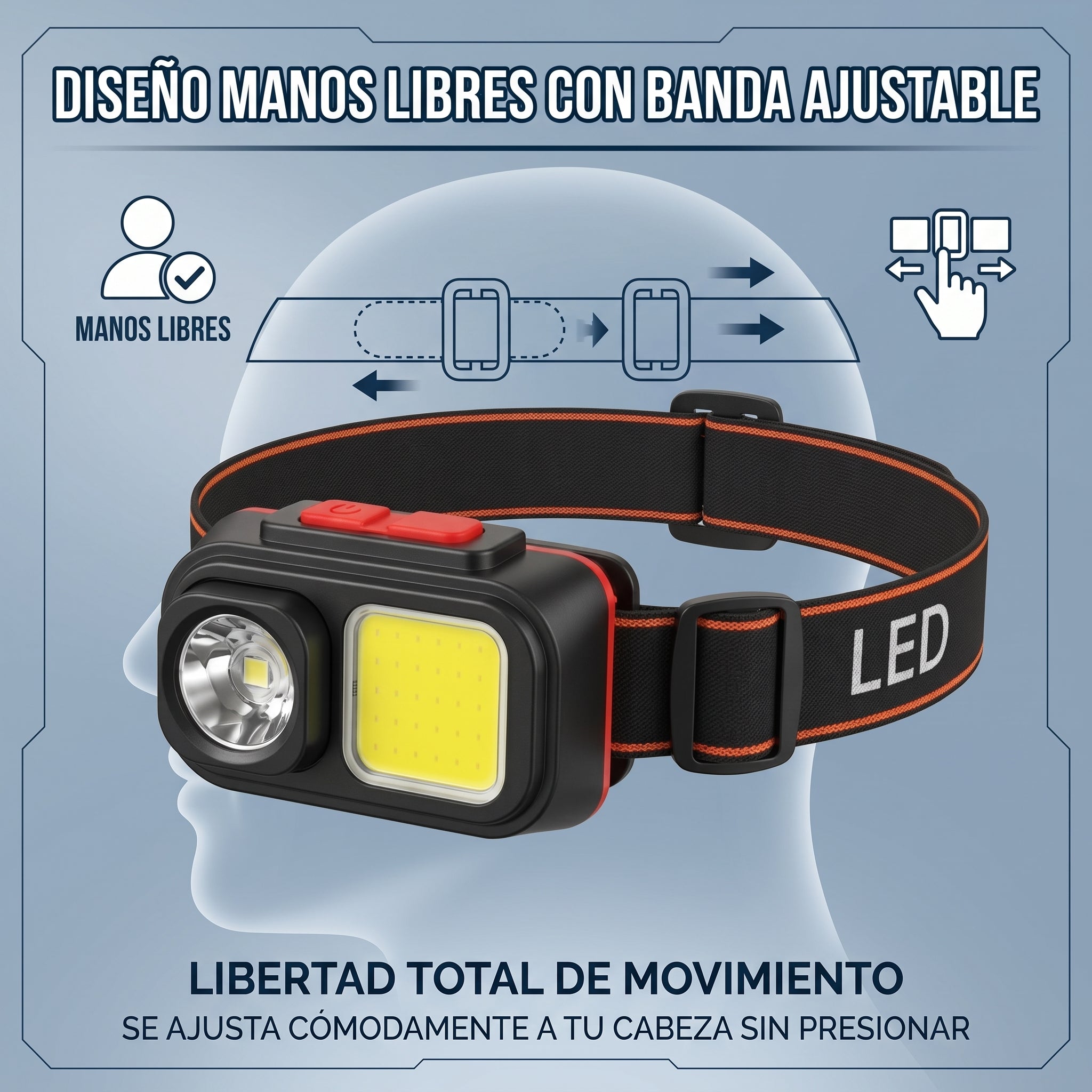 Lámpara de Cabeza LED Moreka D-212 con Doble Iluminación y Banda Manos Libres - Imagen 5