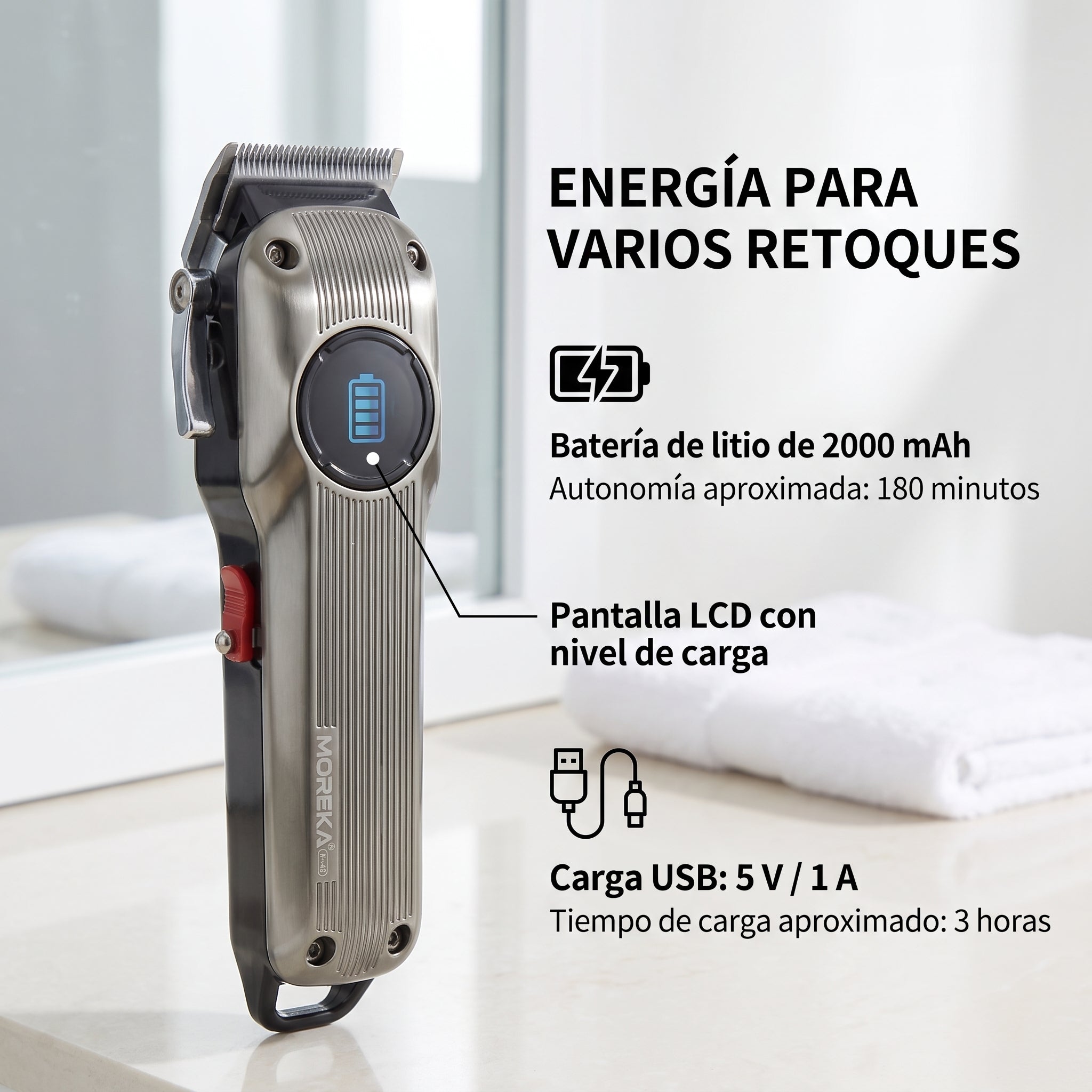 Cortapelos Profesional Moreka W-42 con Motor de 7000 RPM, Pantalla LCD y 6 Peines Guía - Imagen 5