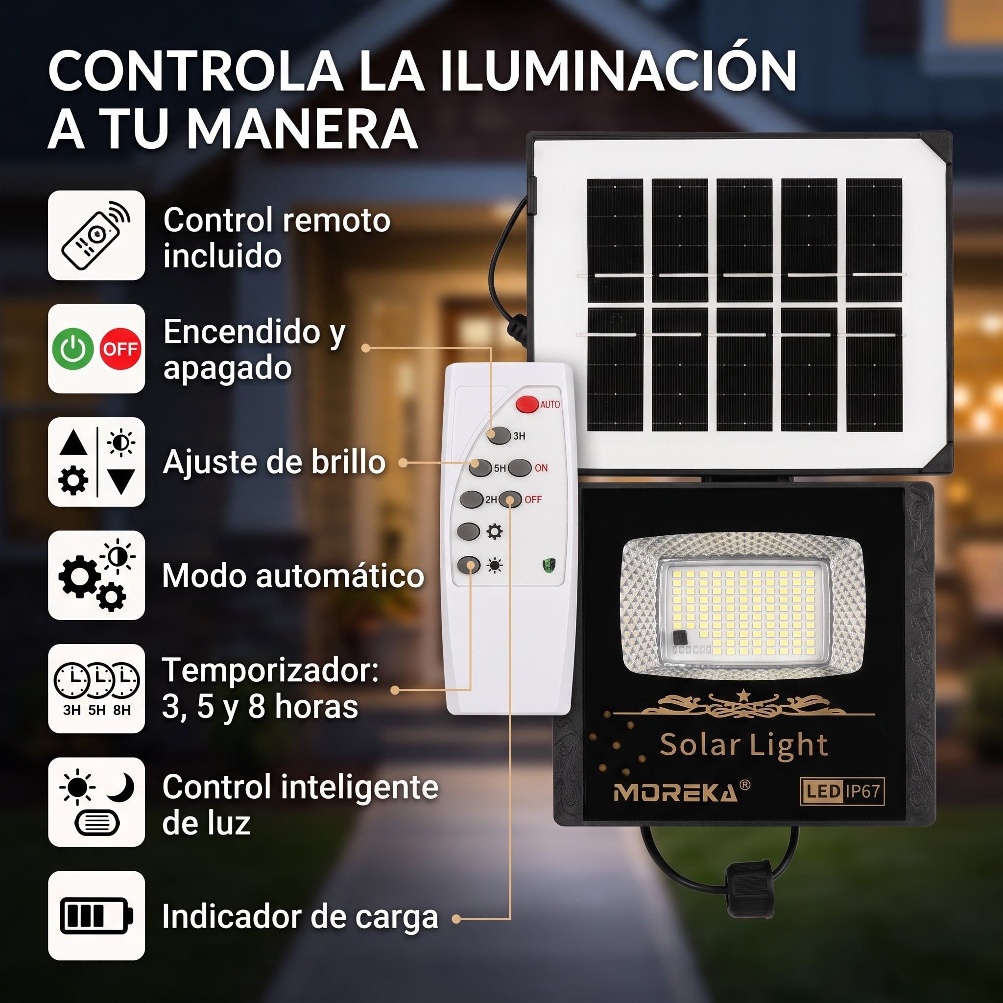 Reflector Solar LED Moreka MOR-070 30W con 102 LEDs, Control Remoto y Protección IP67 - Imagen 3