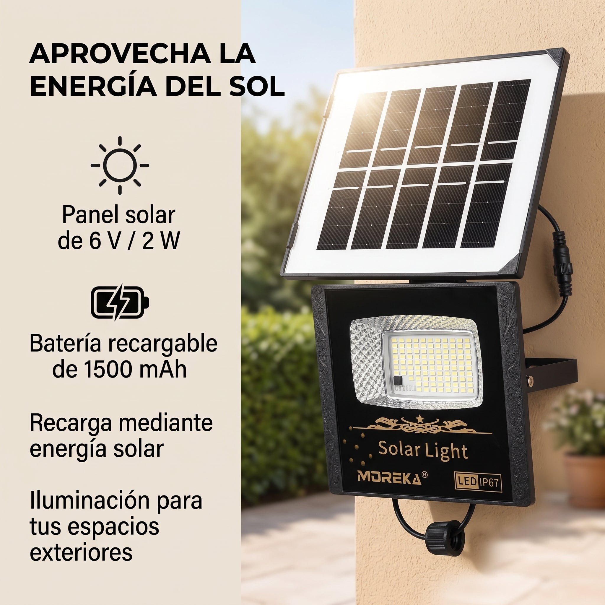 Reflector Solar LED Moreka MOR-070 30W con 102 LEDs, Control Remoto y Protección IP67 - Imagen 5
