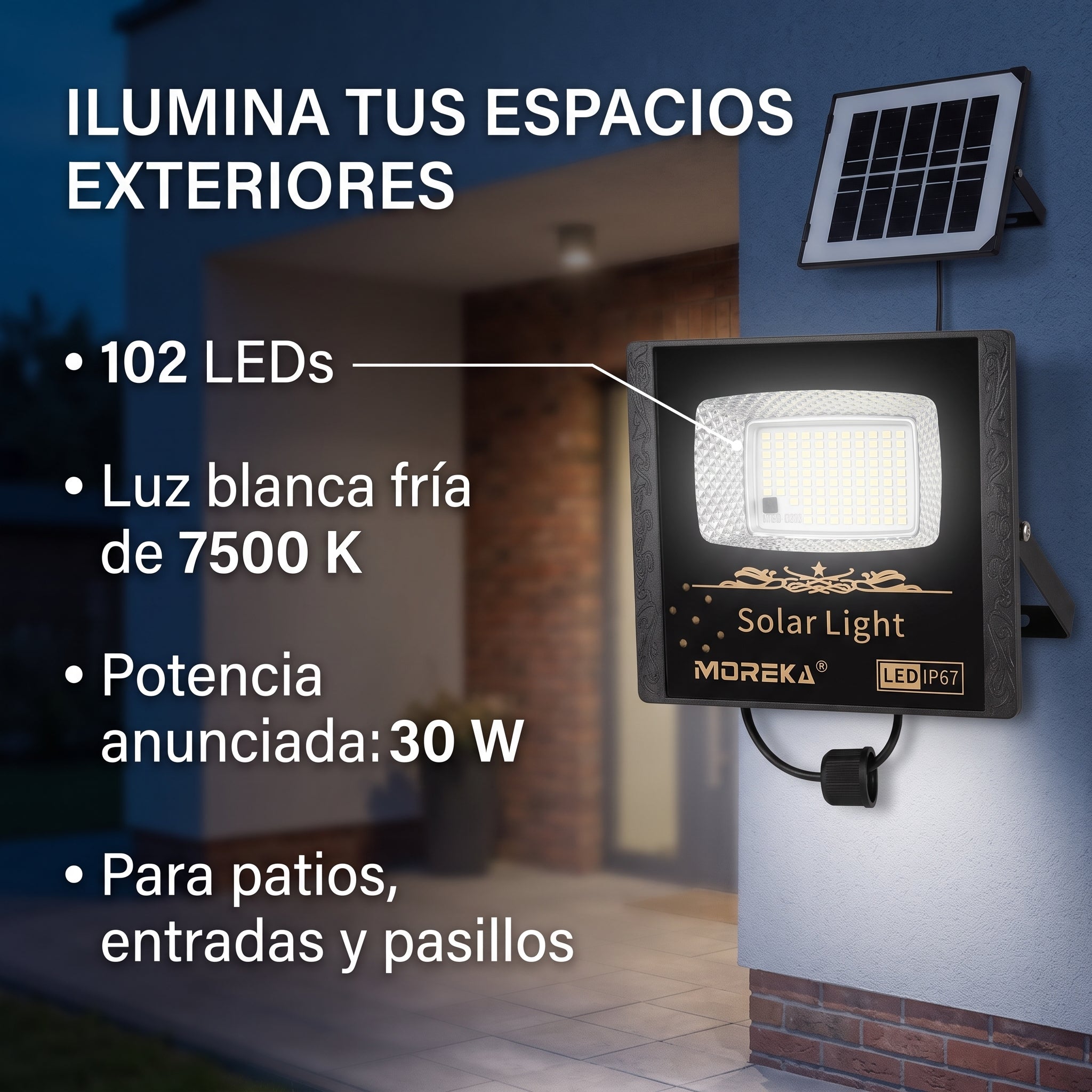 Reflector Solar LED Moreka MOR-070 30W con 102 LEDs, Control Remoto y Protección IP67 - Imagen 6