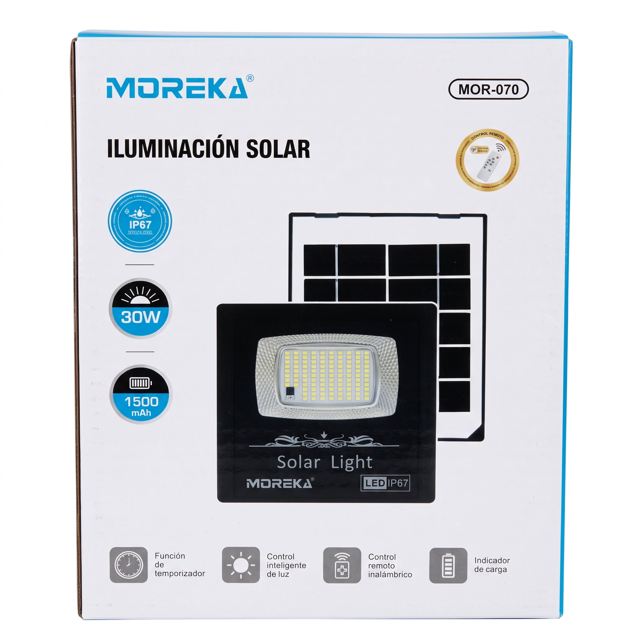 Reflector Solar LED Moreka MOR-070 30W con 102 LEDs, Control Remoto y Protección IP67 - Imagen 9