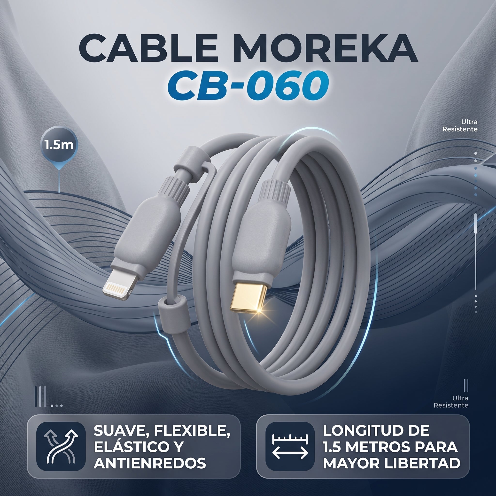 Cable de Datos y Carga Rápida 2 en 1 Moreka CB-060 de 100W y 1.5 Metros - Imagen 3