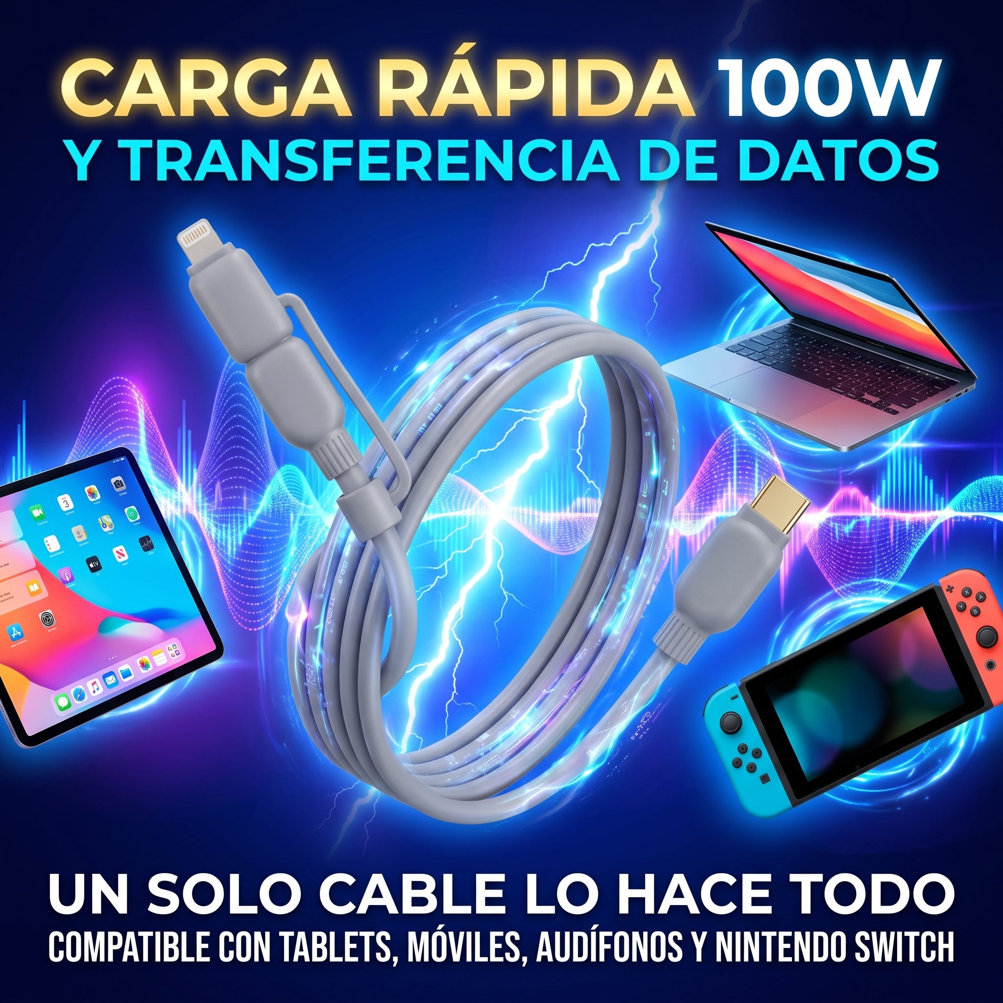 Cable de Datos y Carga Rápida 2 en 1 Moreka CB-060 de 100W y 1.5 Metros - Imagen 4