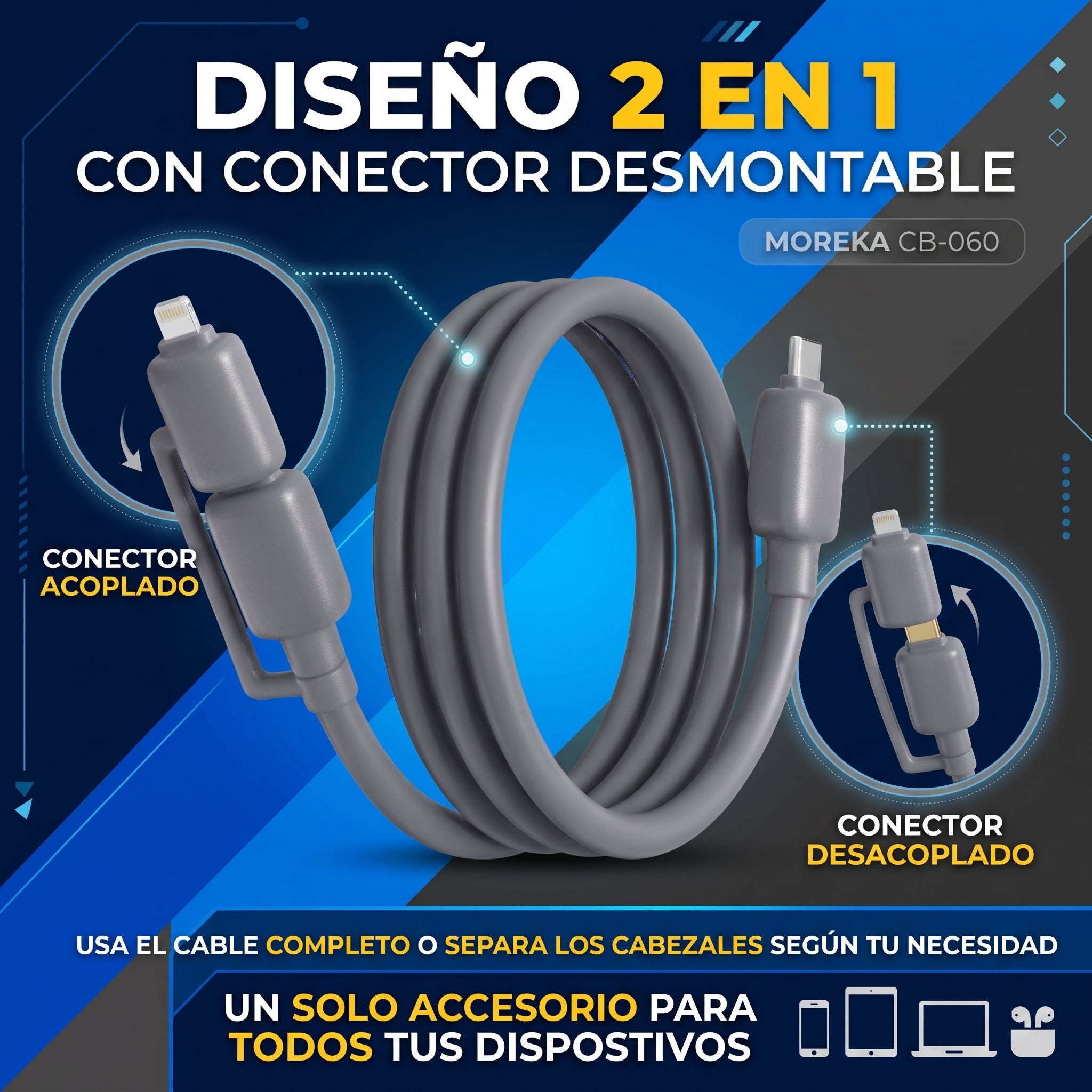 Cable de Datos y Carga Rápida 2 en 1 Moreka CB-060 de 100W y 1.5 Metros - Imagen 6