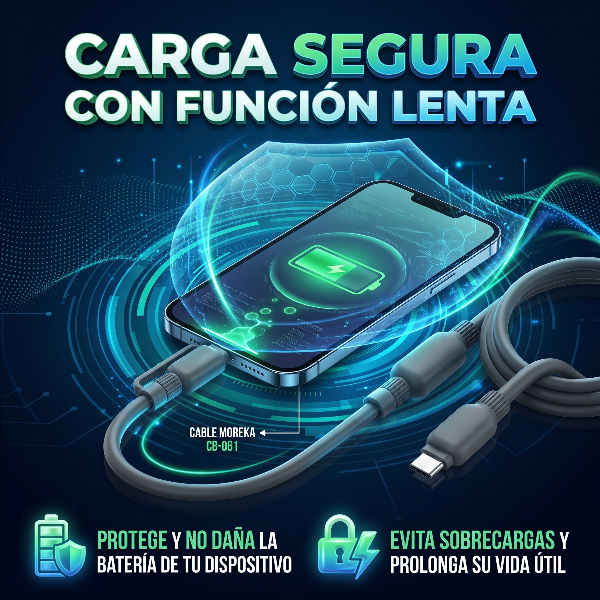 Cable de Carga y Datos 2 en 1 Moreka CB-061 de 100W con Cabezal Desmontable - Imagen 3