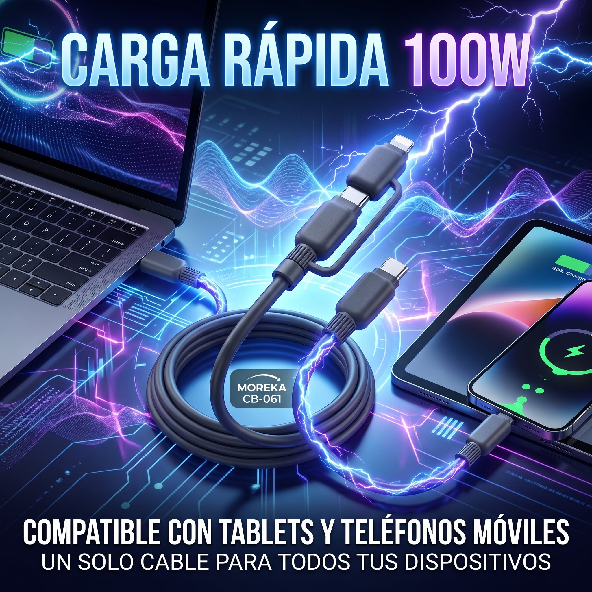 Cable de Carga y Datos 2 en 1 Moreka CB-061 de 100W con Cabezal Desmontable - Imagen 6