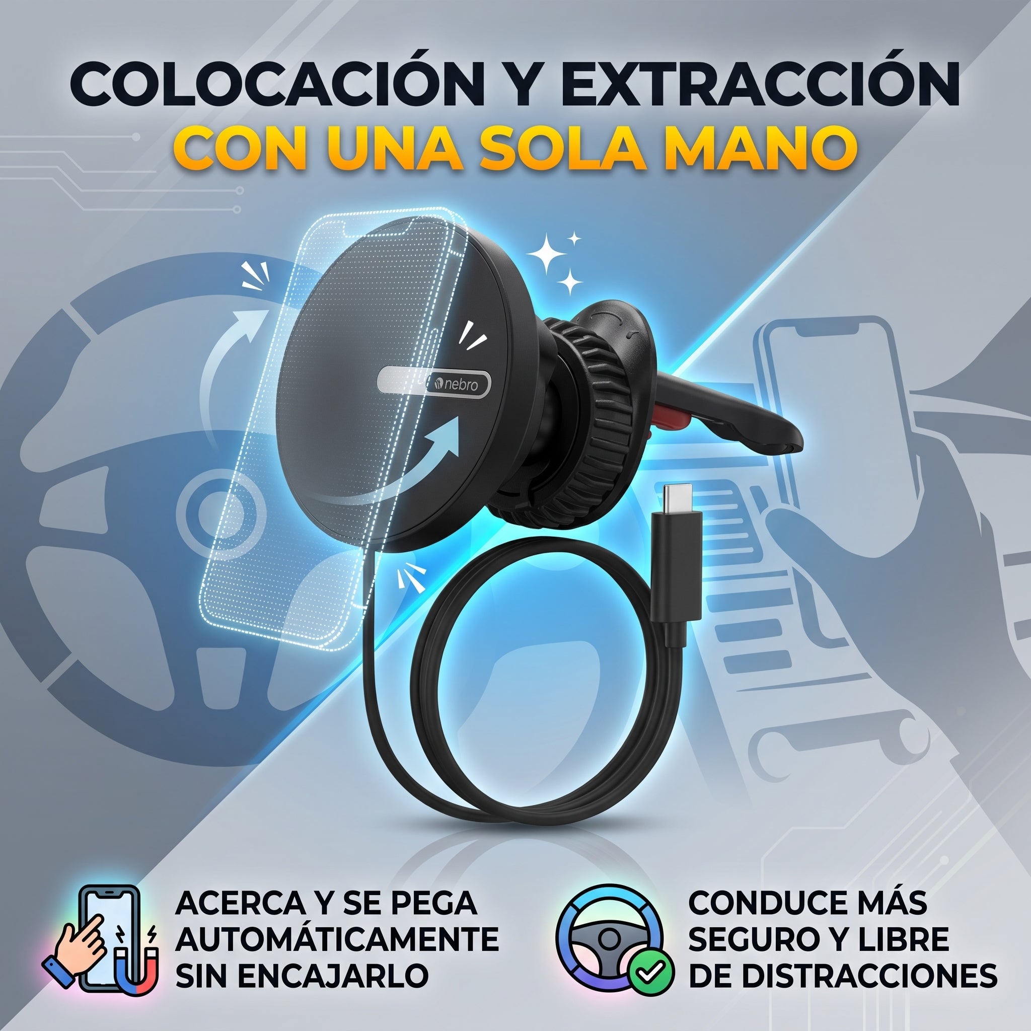 Soporte Magnético para Coche Nebro WAT-906 con Carga de 25W Rotación de 360° Cable Tipo C - Imagen 3