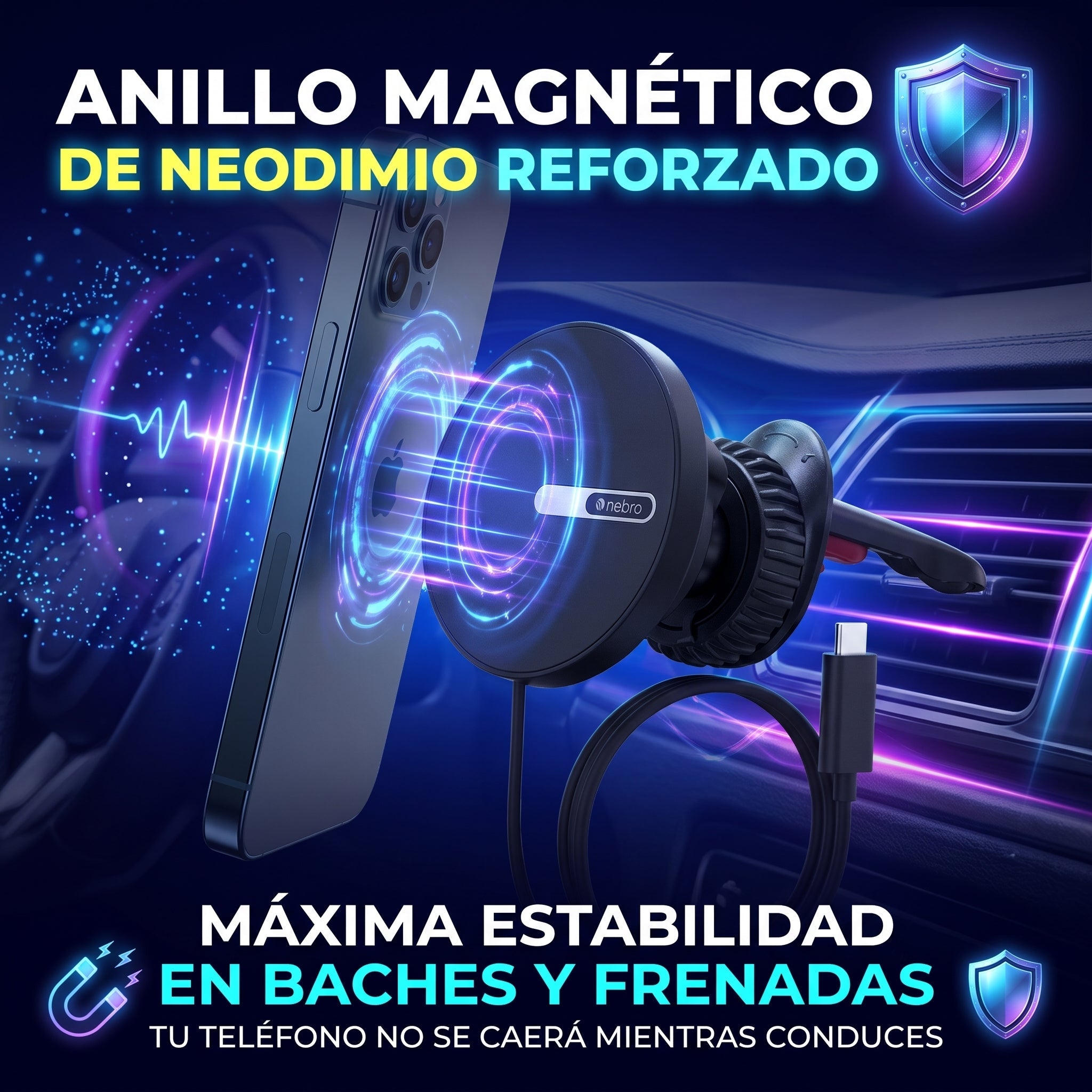 Soporte Magnético para Coche Nebro WAT-906 con Carga de 25W Rotación de 360° Cable Tipo C - Imagen 4