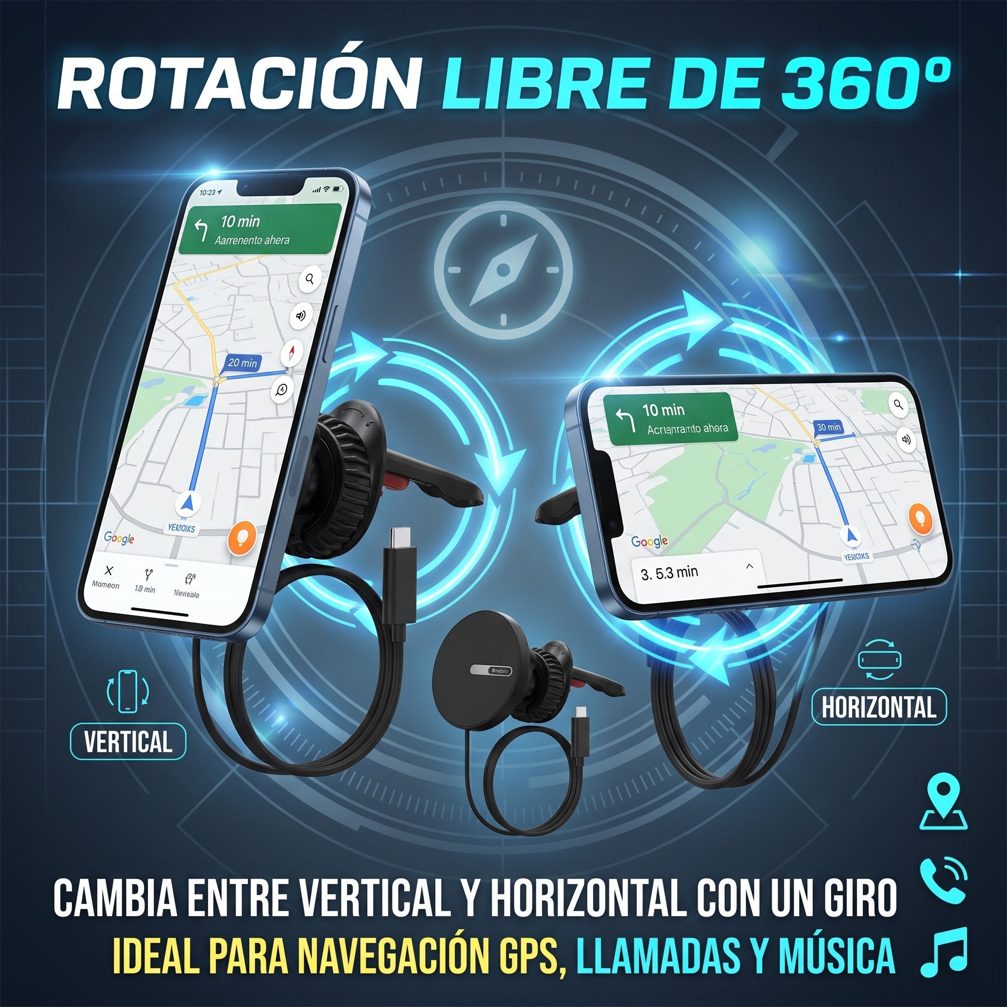 Soporte Magnético para Coche Nebro WAT-906 con Carga de 25W Rotación de 360° Cable Tipo C - Imagen 5