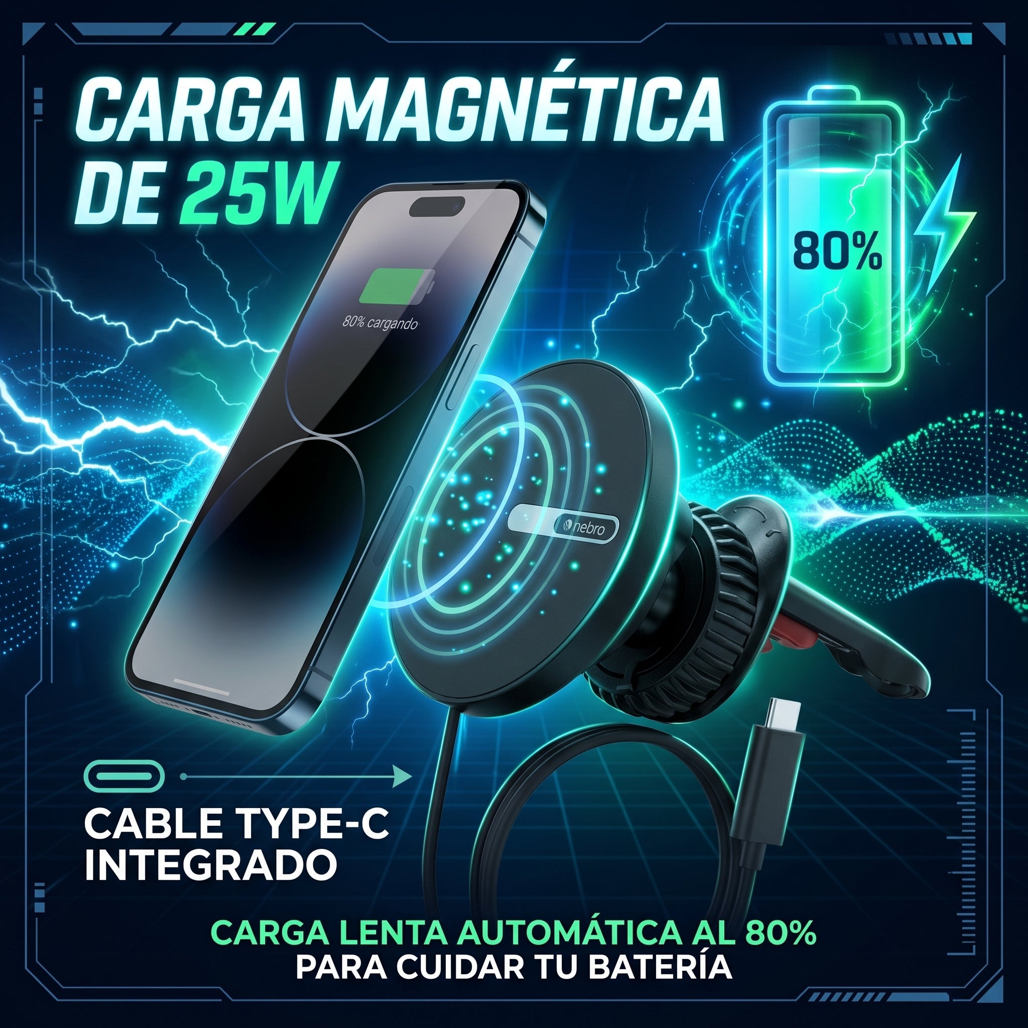 Soporte Magnético para Coche Nebro WAT-906 con Carga de 25W Rotación de 360° Cable Tipo C - Imagen 7