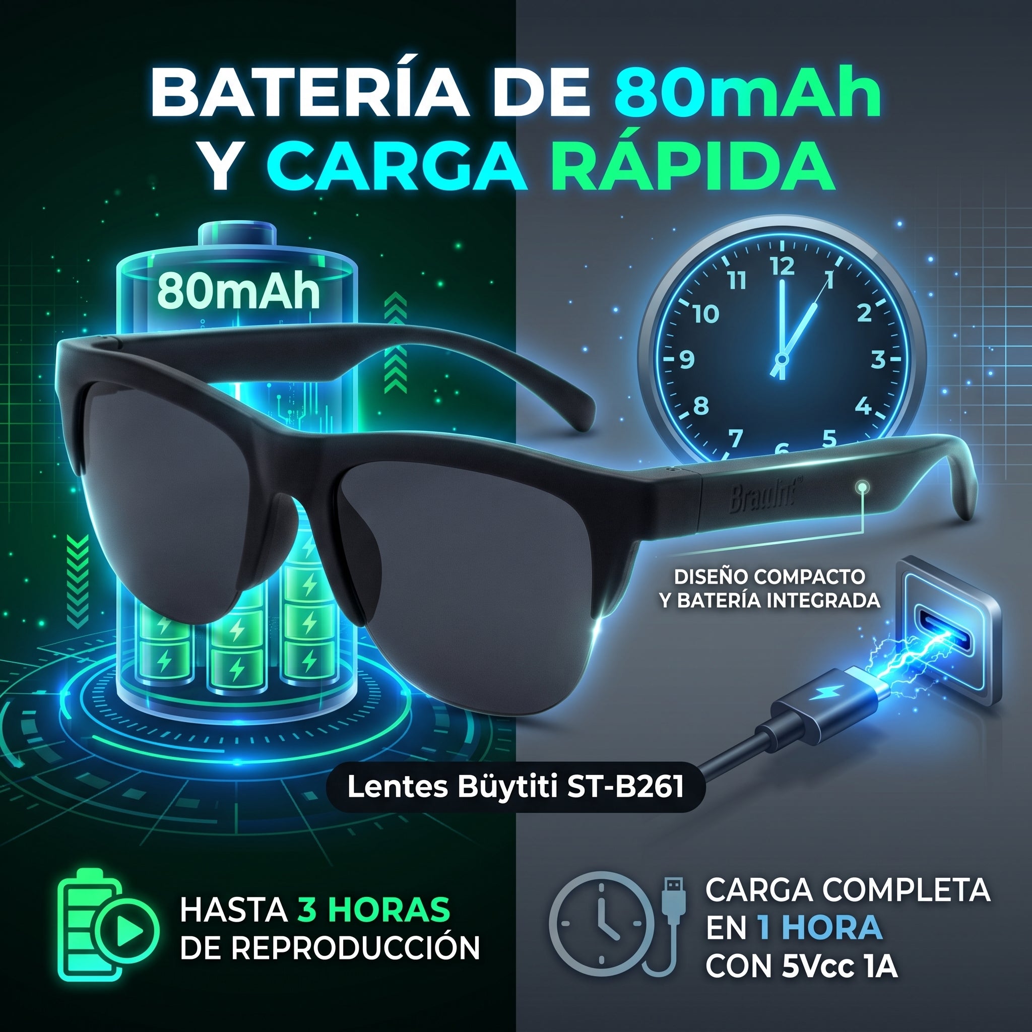 Gafas Auriculares Inalámbricos Büytiti ST-B261 Bluetooth 5.4 Protección UV - Imagen 3