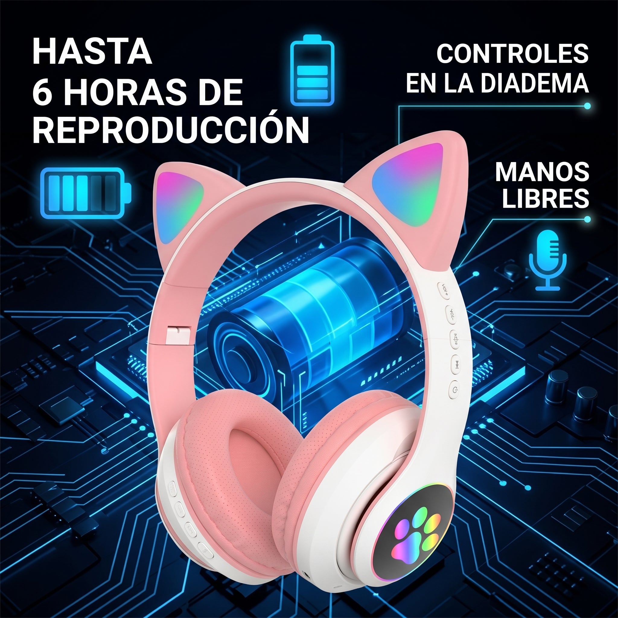 Audífonos Inalámbricos YISEN JST-28 con Diadema de Orejas de Gatito y Luces LED Multicolor - Imagen 3