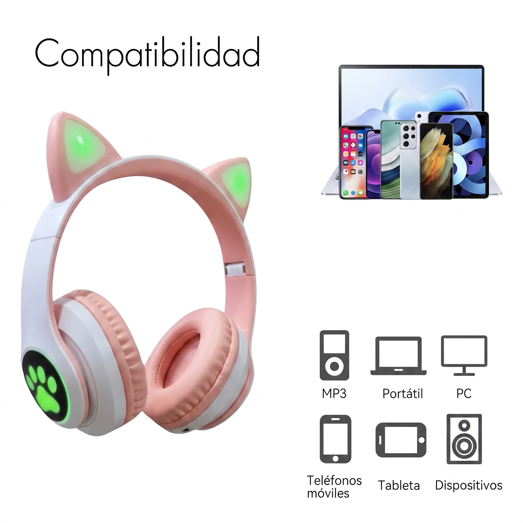 Audífonos Inalámbricos YISEN JST-28 con Diadema de Orejas de Gatito y Luces LED Multicolor - Imagen 5