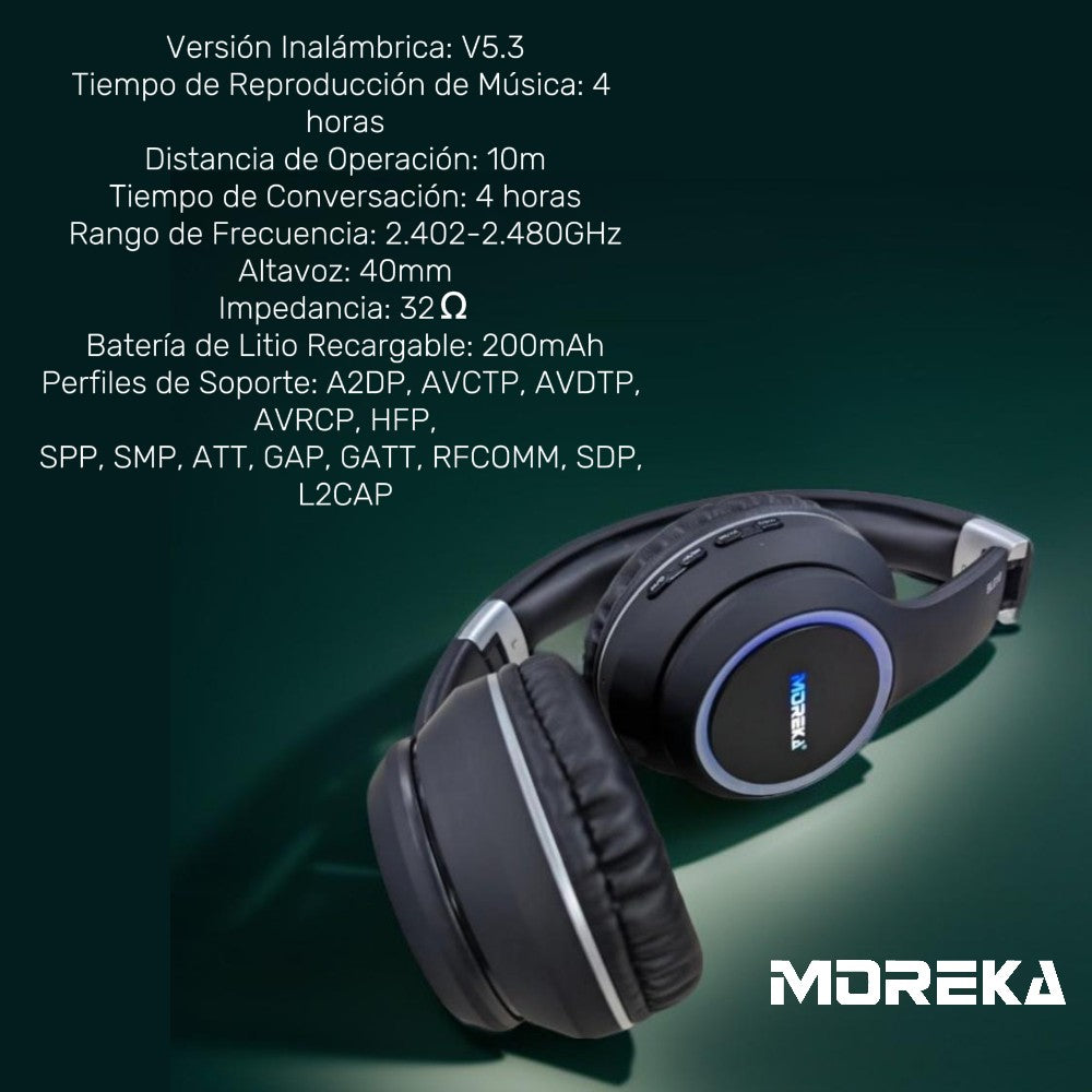 Audífonos Bluetooth V5.3 Moreka BL010 200mAh 40mm - Imagen 3