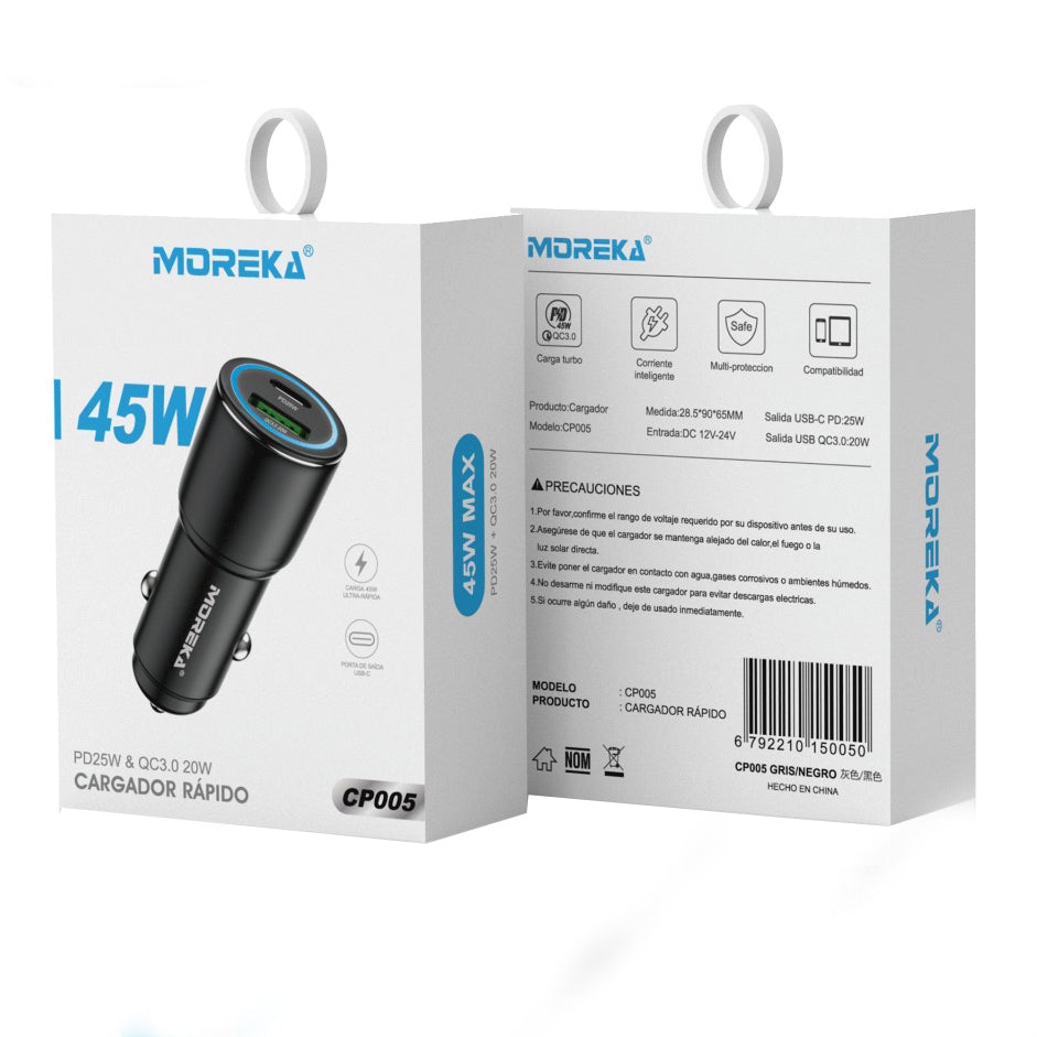 Cargador De Carro Moreka CP005 Plug In 45W USB y Tipo C - Imagen 2