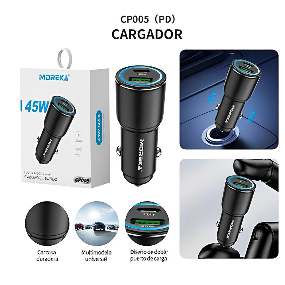 Cargador De Carro Moreka CP005 Plug In 45W USB y Tipo C - Imagen 9