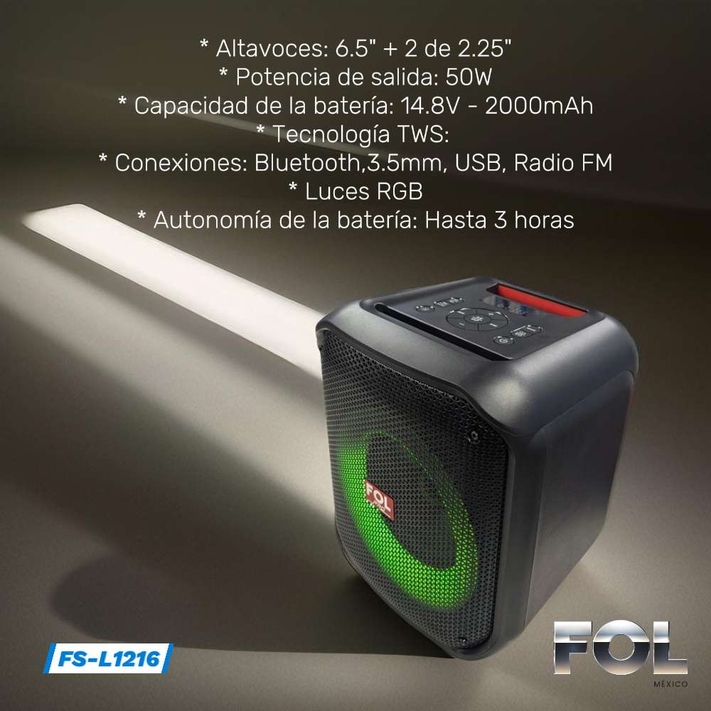 Bocina Bluetooth 50W 6.5 + 2 de 2.25 2000mAh FOL FS-L1216 - Imagen 2