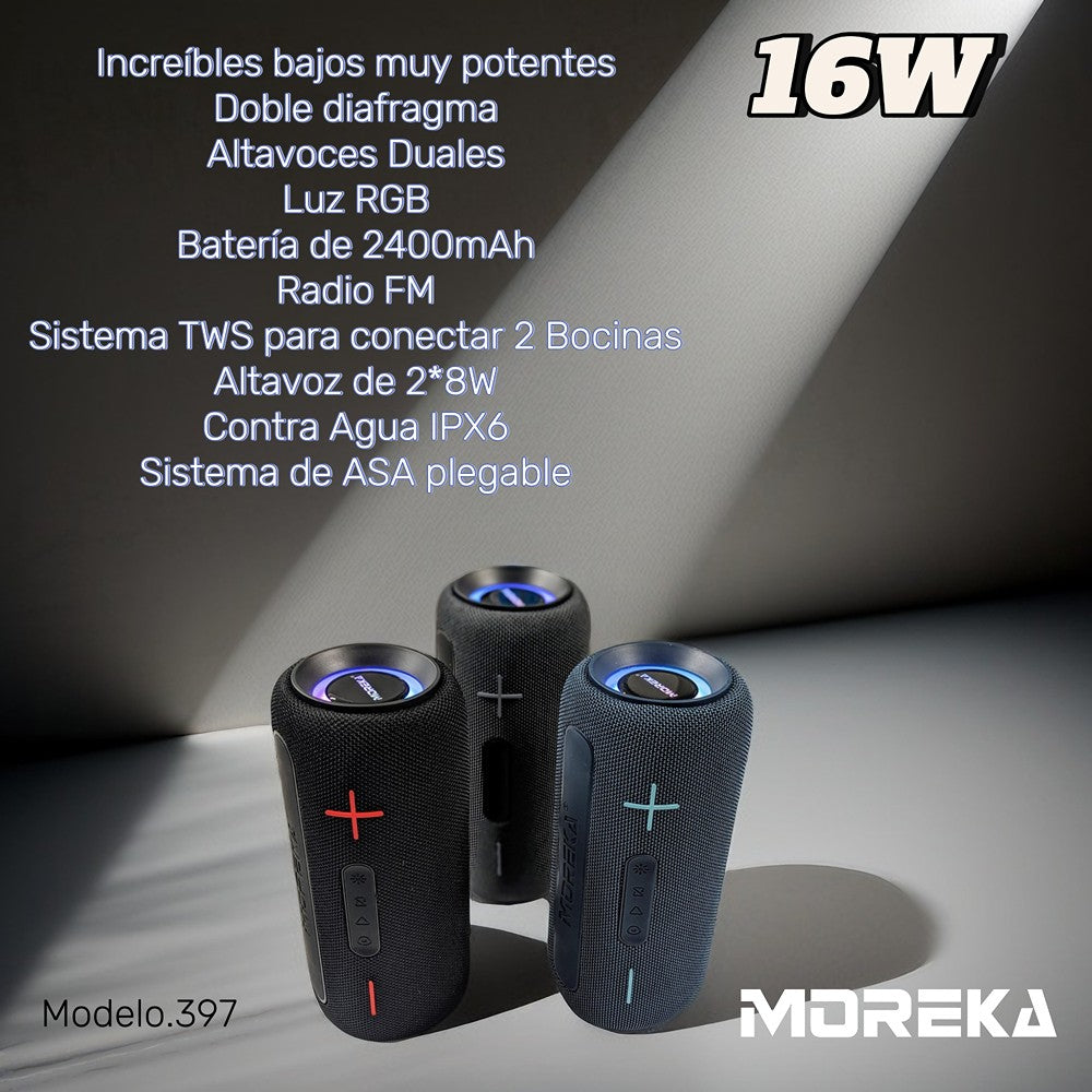 Bocina Moreka 397 16W, Bluetooth, TF Card, Radio FM, USB Contra Agua IPX6 - Imagen 2
